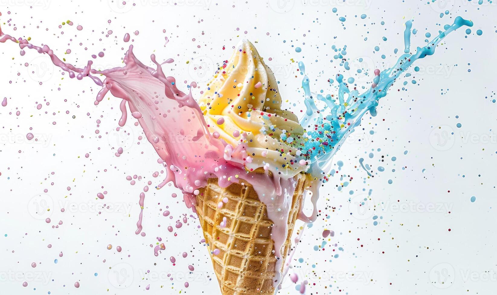 AI generated Ice cream cone explosion on white background photo