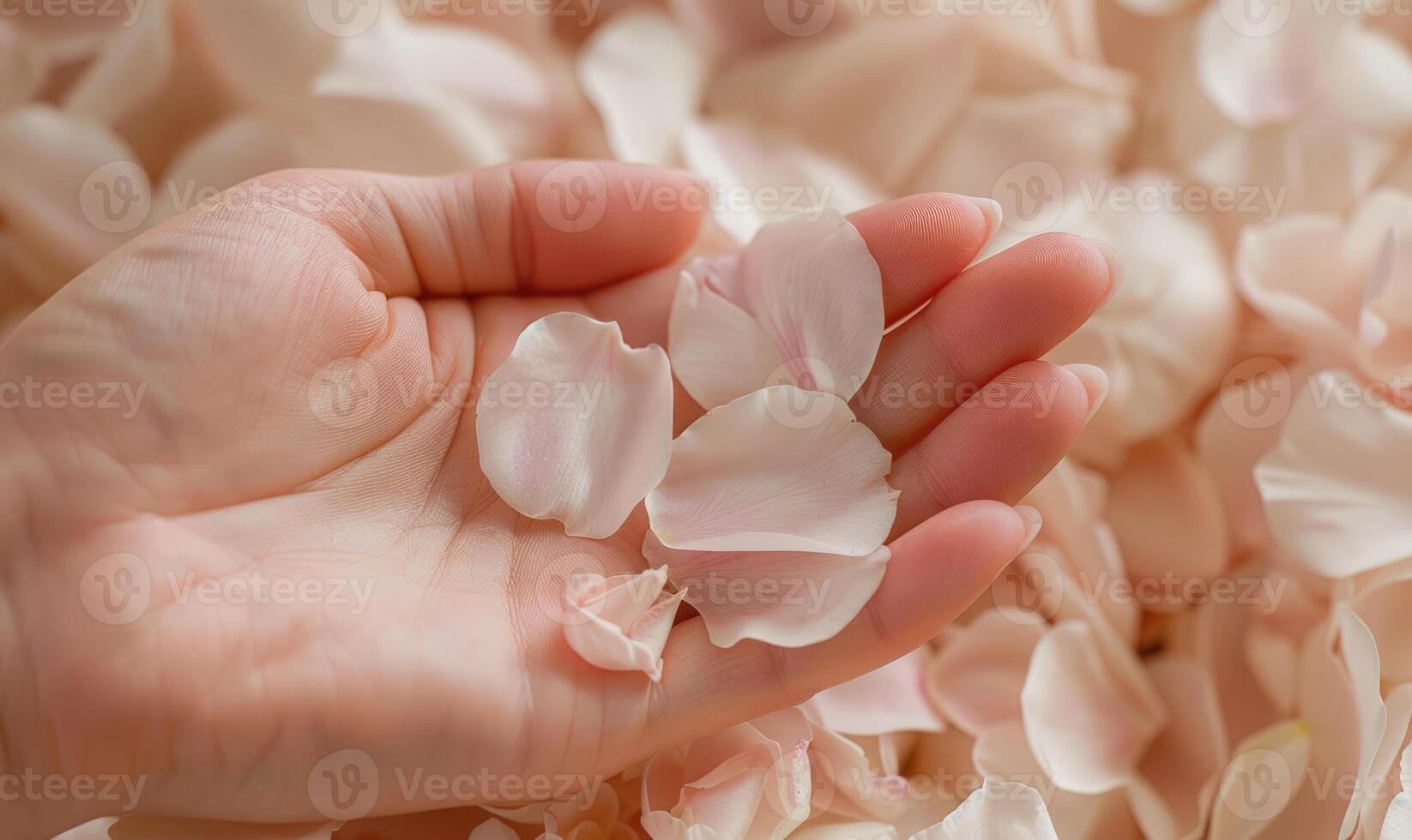 ai generado de cerca de un mujer mano con un neutral manicura, adornado con delicado flor pétalos foto