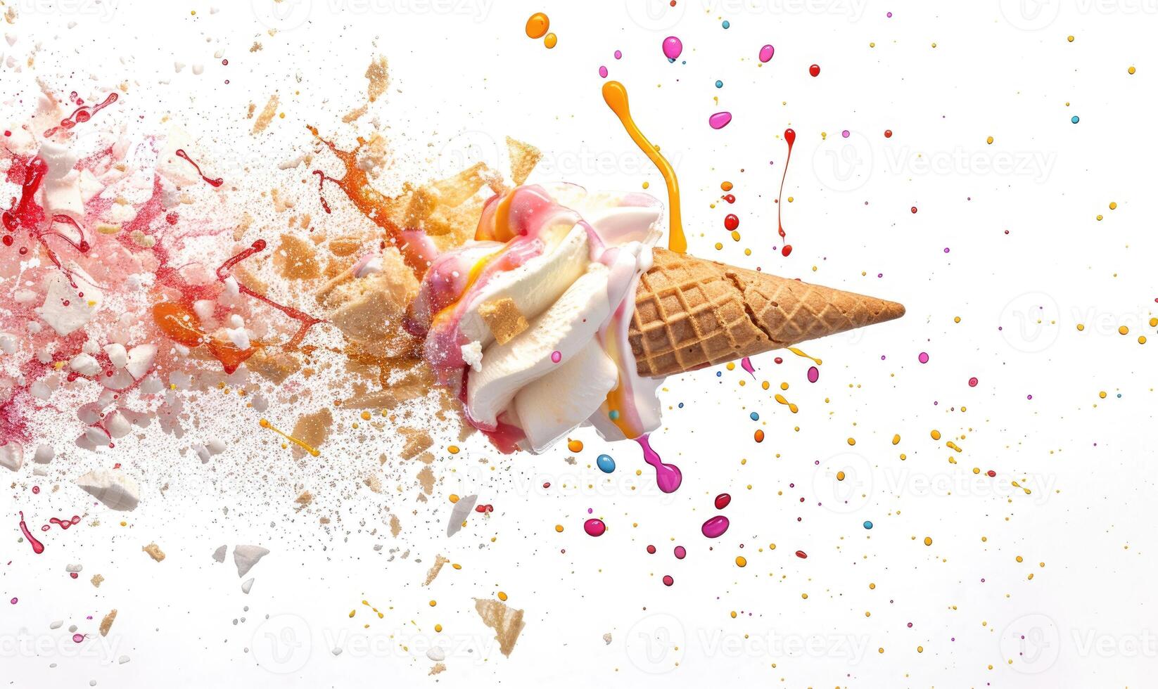 AI generated Ice cream cone explosion on white background photo