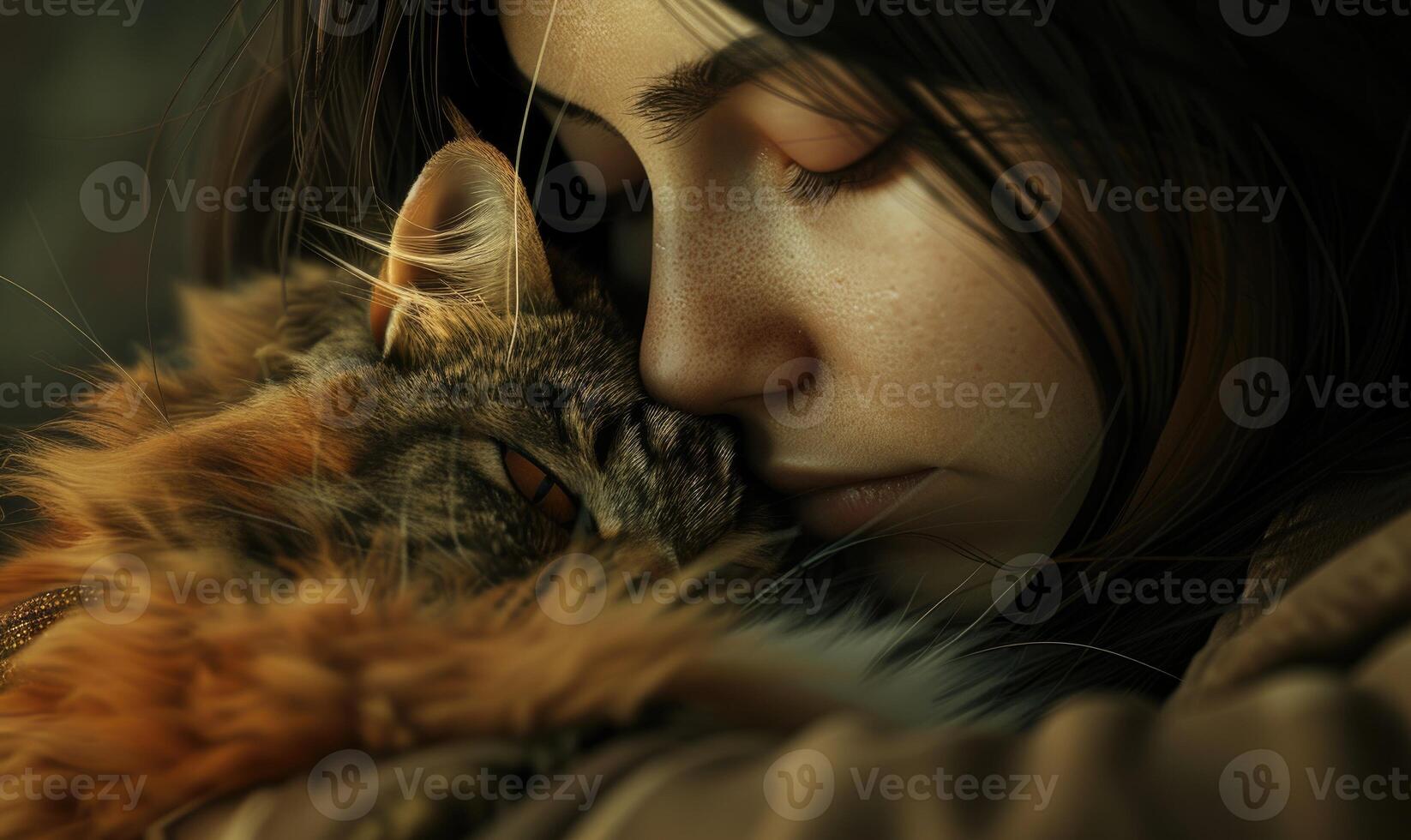 AI generated Beautiful young woman sleeping with her cat. Close-up. photo