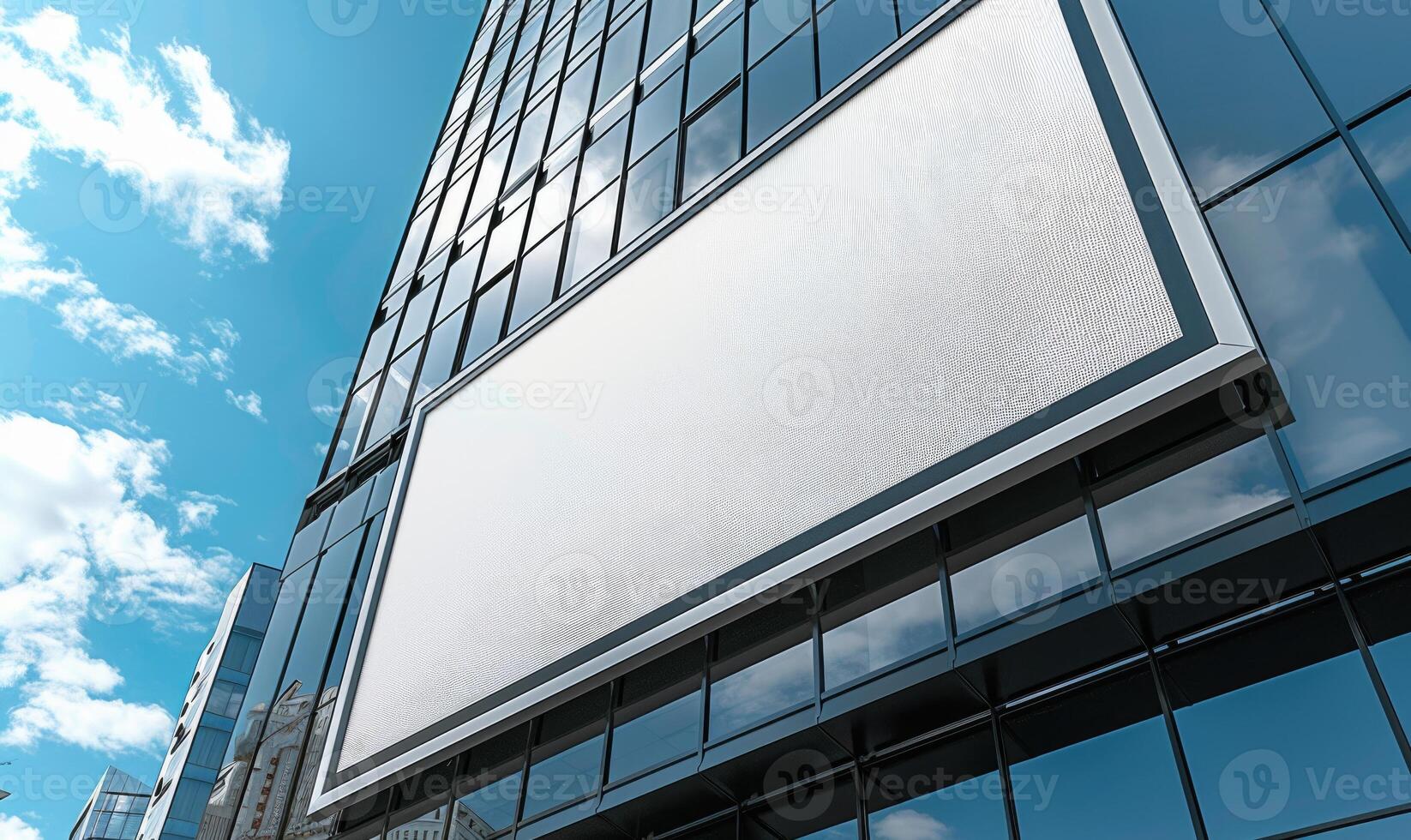 AI generated Blank screen banner mockup displayed on the modern building facade. Close Up view. photo