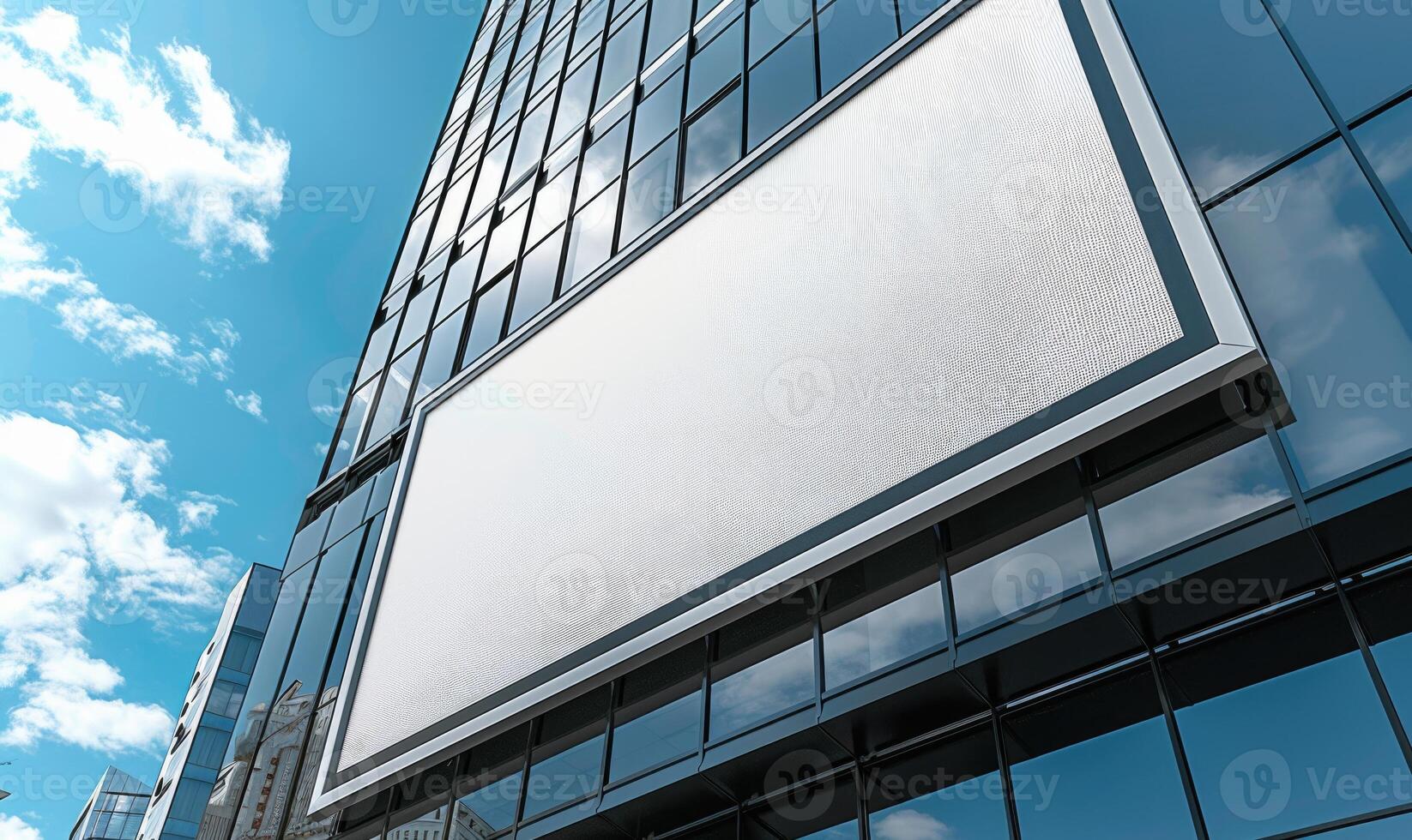 ai generado blanco pantalla bandera Bosquejo desplegado en el moderno edificio fachada. cerca arriba vista. foto