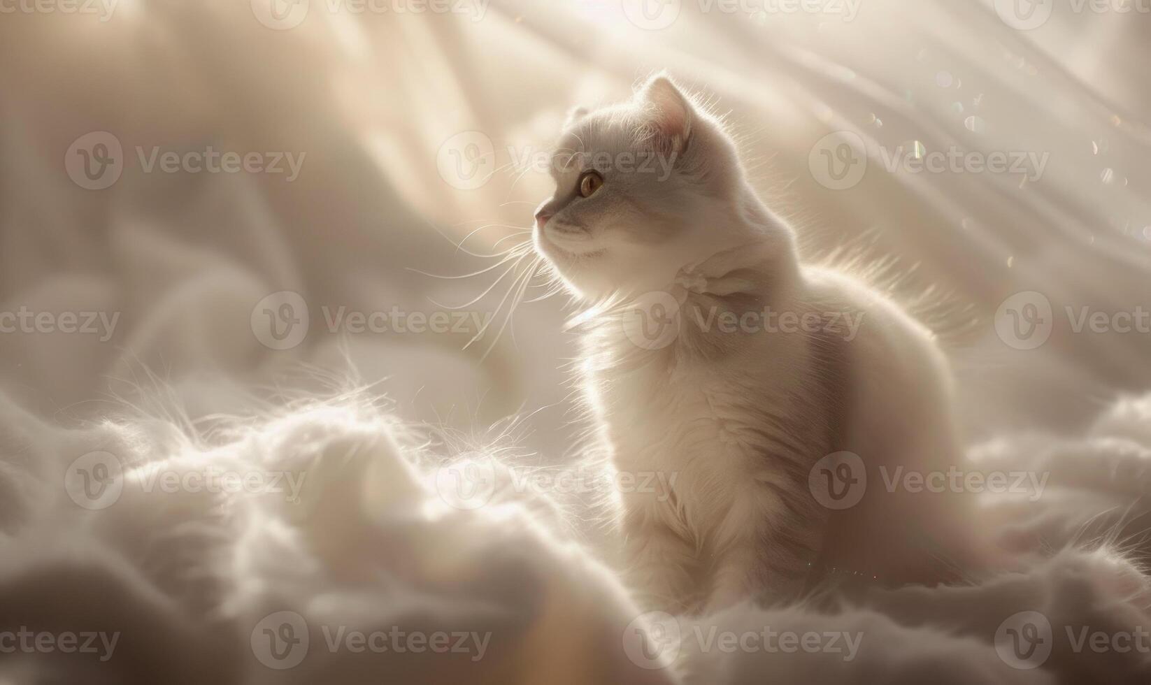 AI generated White persian cat lying on the bed in the morning light. photo