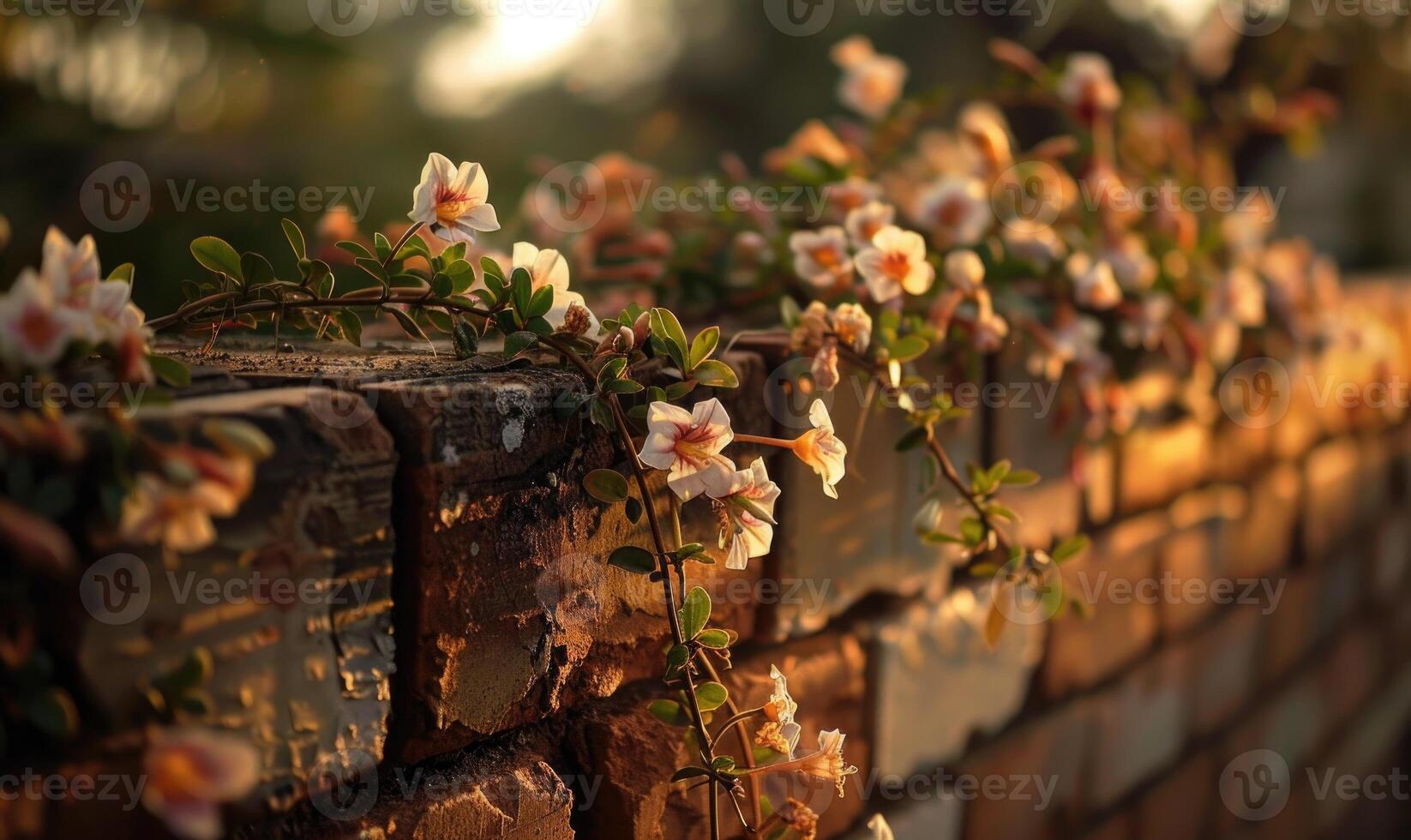 AI generated Old brick wall with beautiful flowers. Shallow depth of field. photo