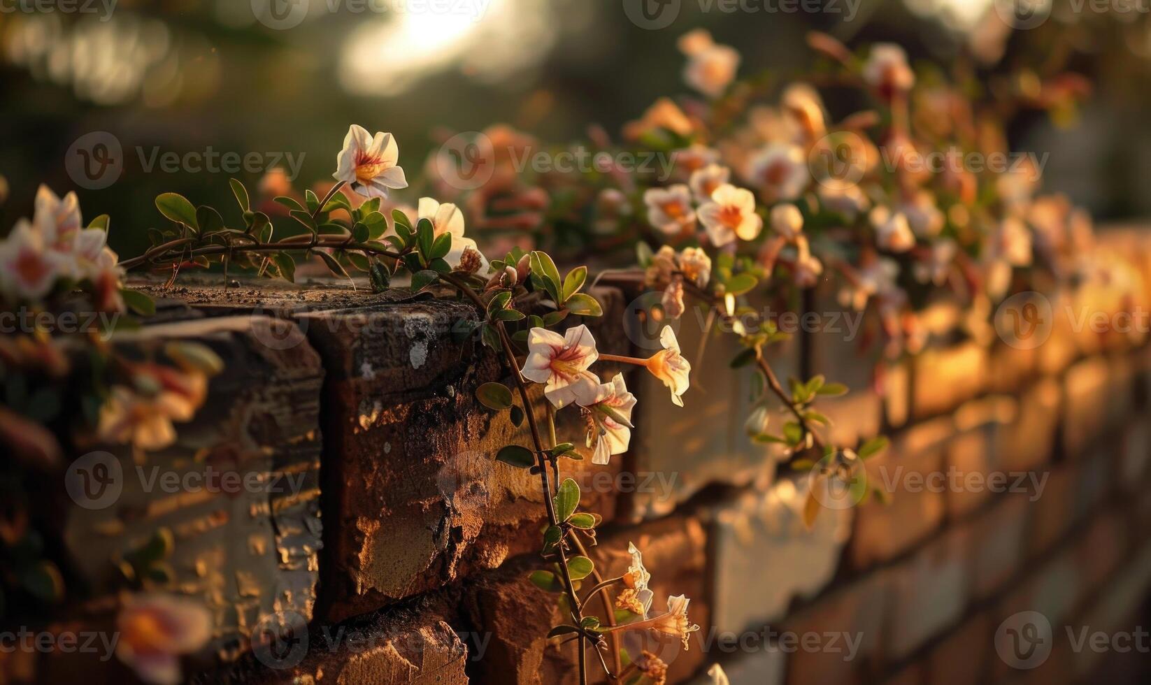 ai generado antiguo ladrillo pared con hermosa flores superficial profundidad de campo. foto