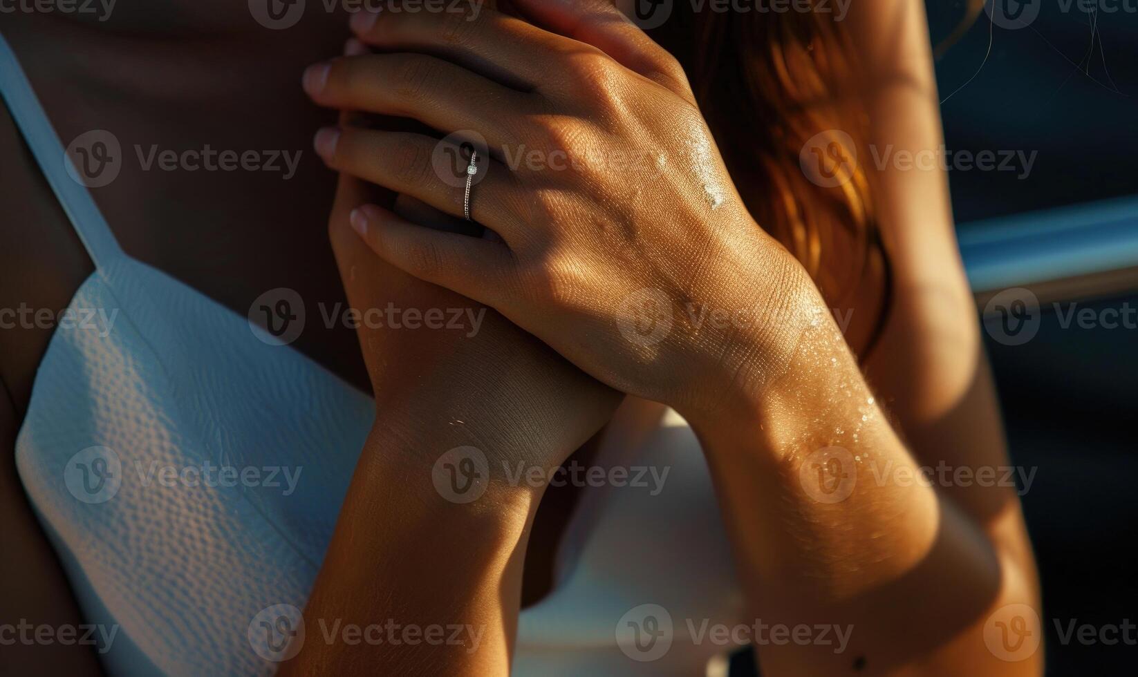 AI generated Close-up portrait of woman hands. Hand with ring. Woman in white dress with crossed arms photo