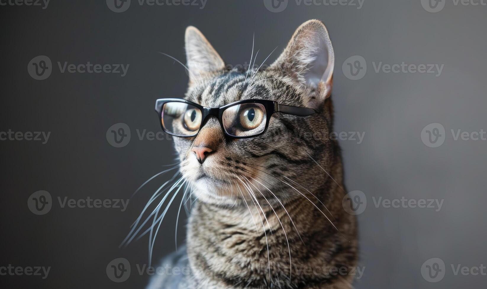 AI generated Portrait of a tabby cat with glasses on a gray background photo