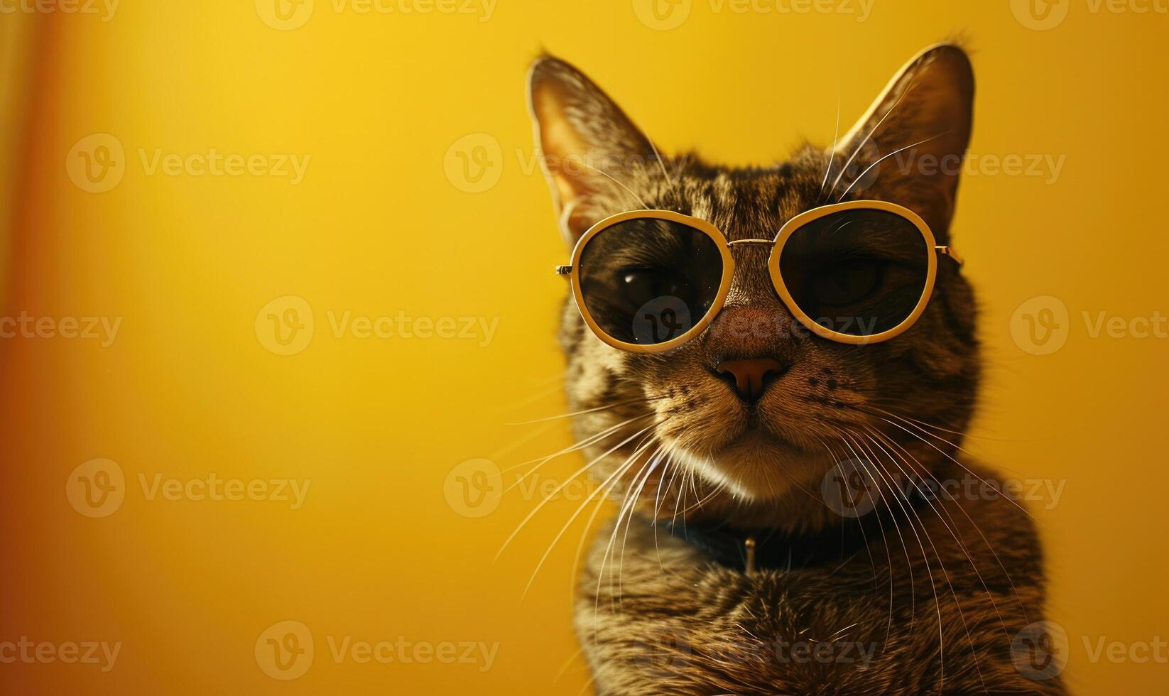 AI generated Cat wearing sunglasses on yellow background, closeup. Space for text photo