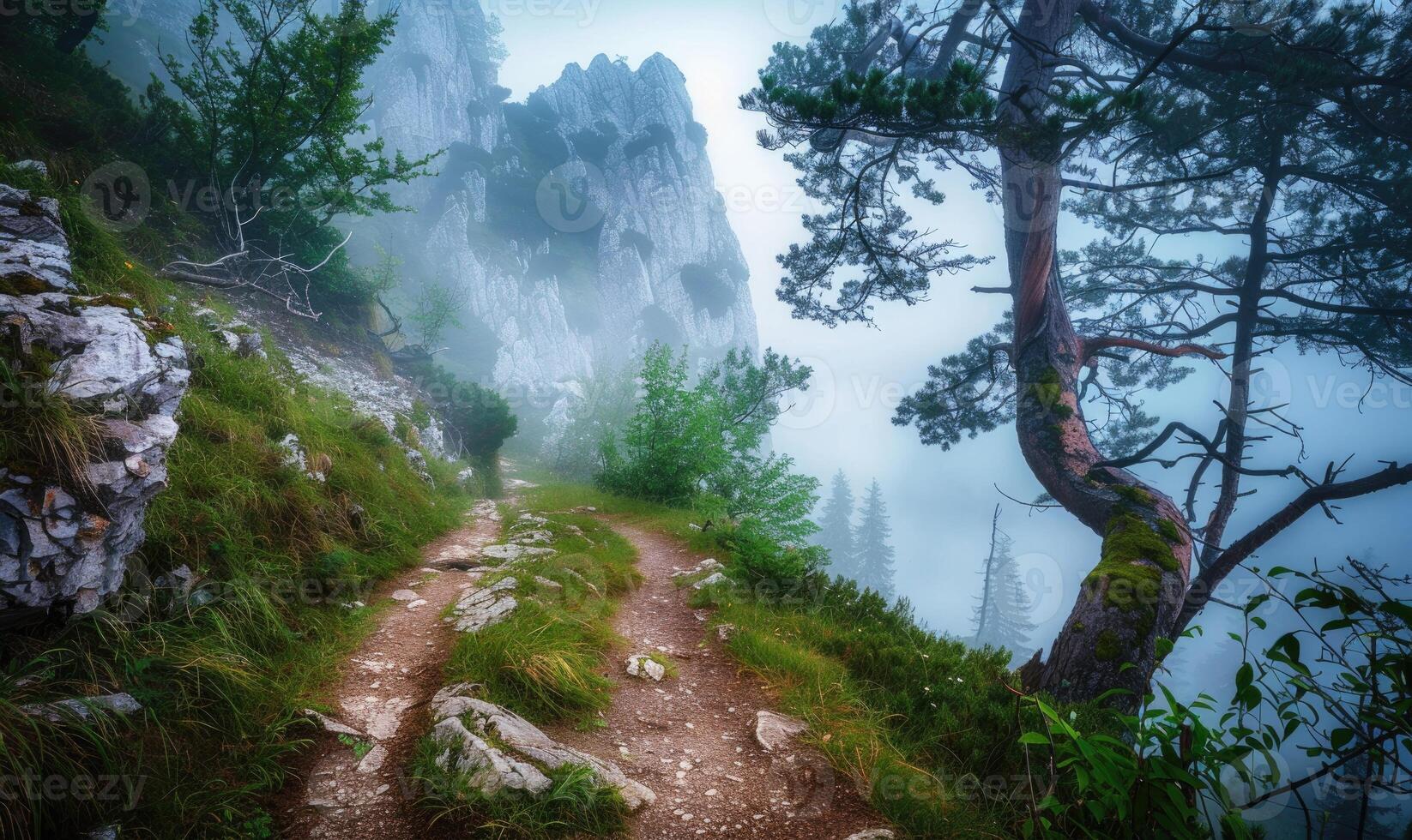 ai generado misterioso oscuro bosque con cubierto de musgo arboles y niebla en el antecedentes foto