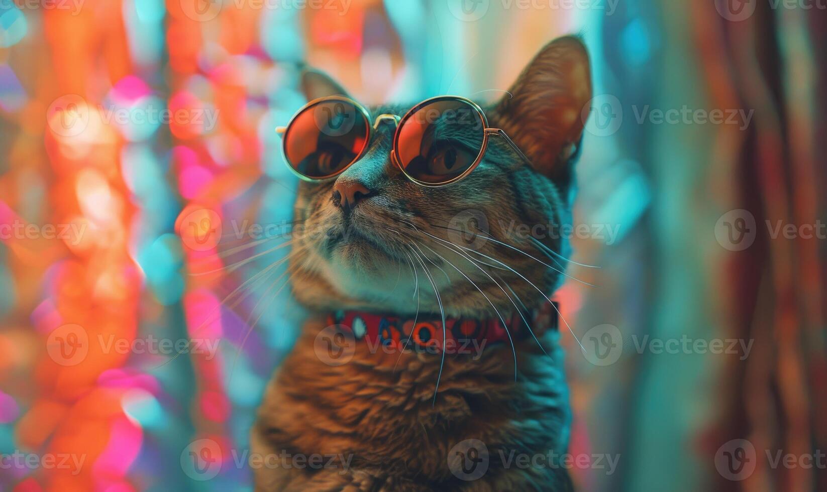 AI generated Portrait of a cat in sunglasses on a background of colorful garlands. photo