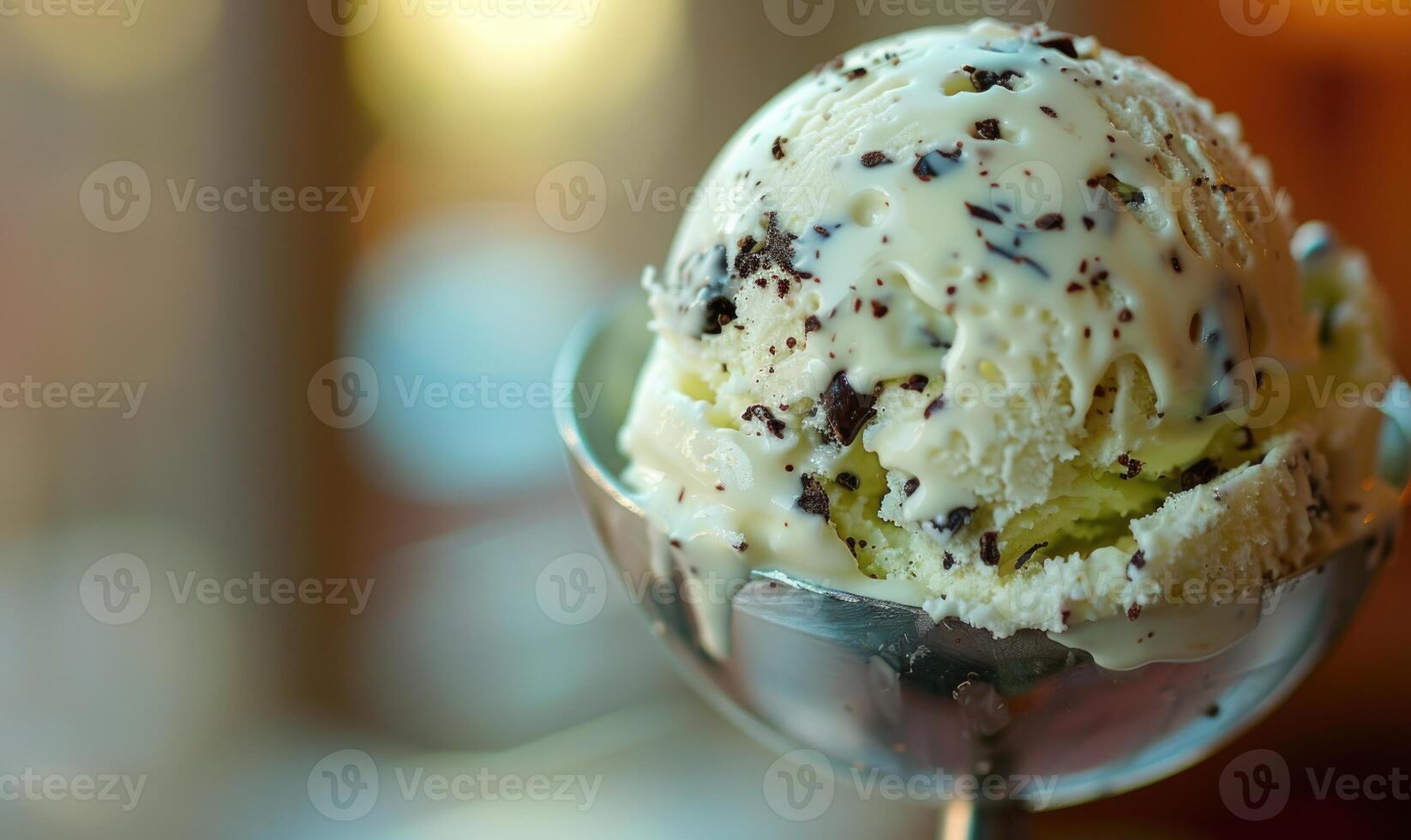 AI generated Mint chocolate chip ice cream scoop, closeup photo