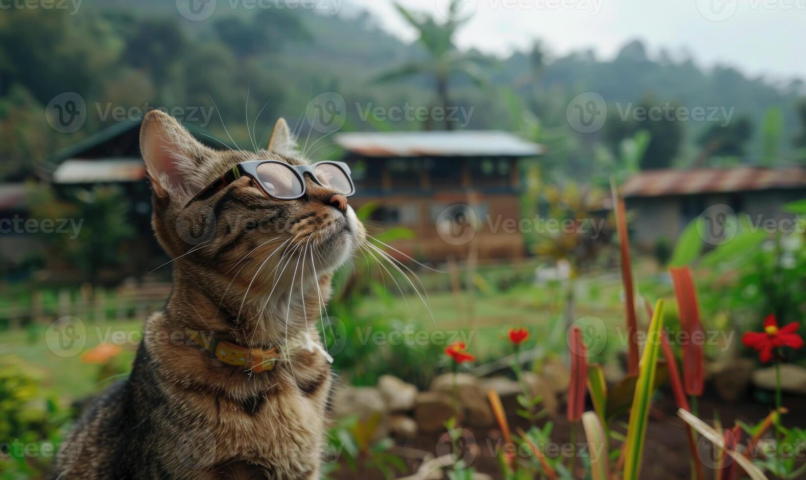 AI generated Cat wearing glasses in the garden with nature background, selective focus. photo