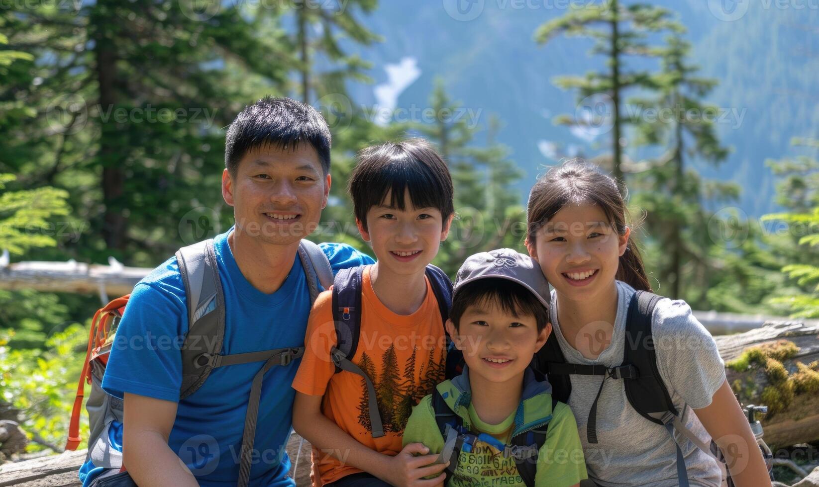 AI generated Happy family with a children in the mountains. A man and a woman with a child in the mountains. photo