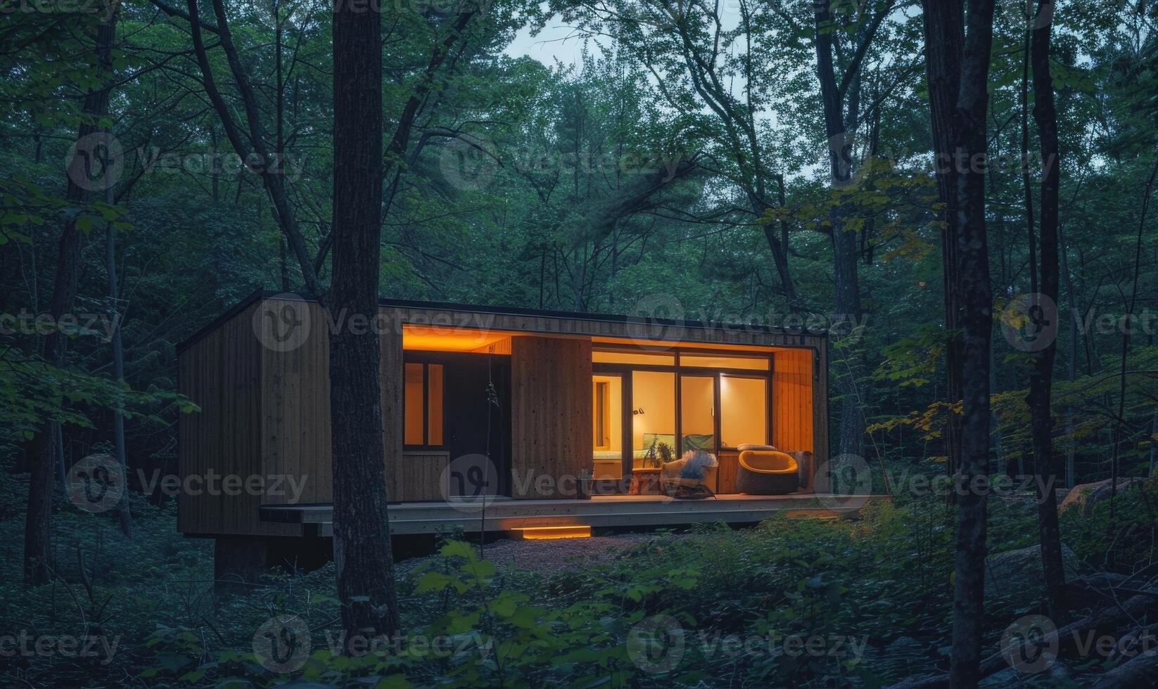 AI generated Twilight casting a warm glow on the exterior of a modern wooden cabin amidst the vibrant colors of a spring garden bursting with flowers and foliage photo