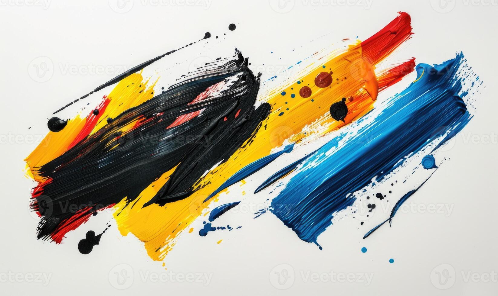 AI generated Abstract brush stroke art on a white background, dynamic strokes, yellow, red, blue and black colors photo