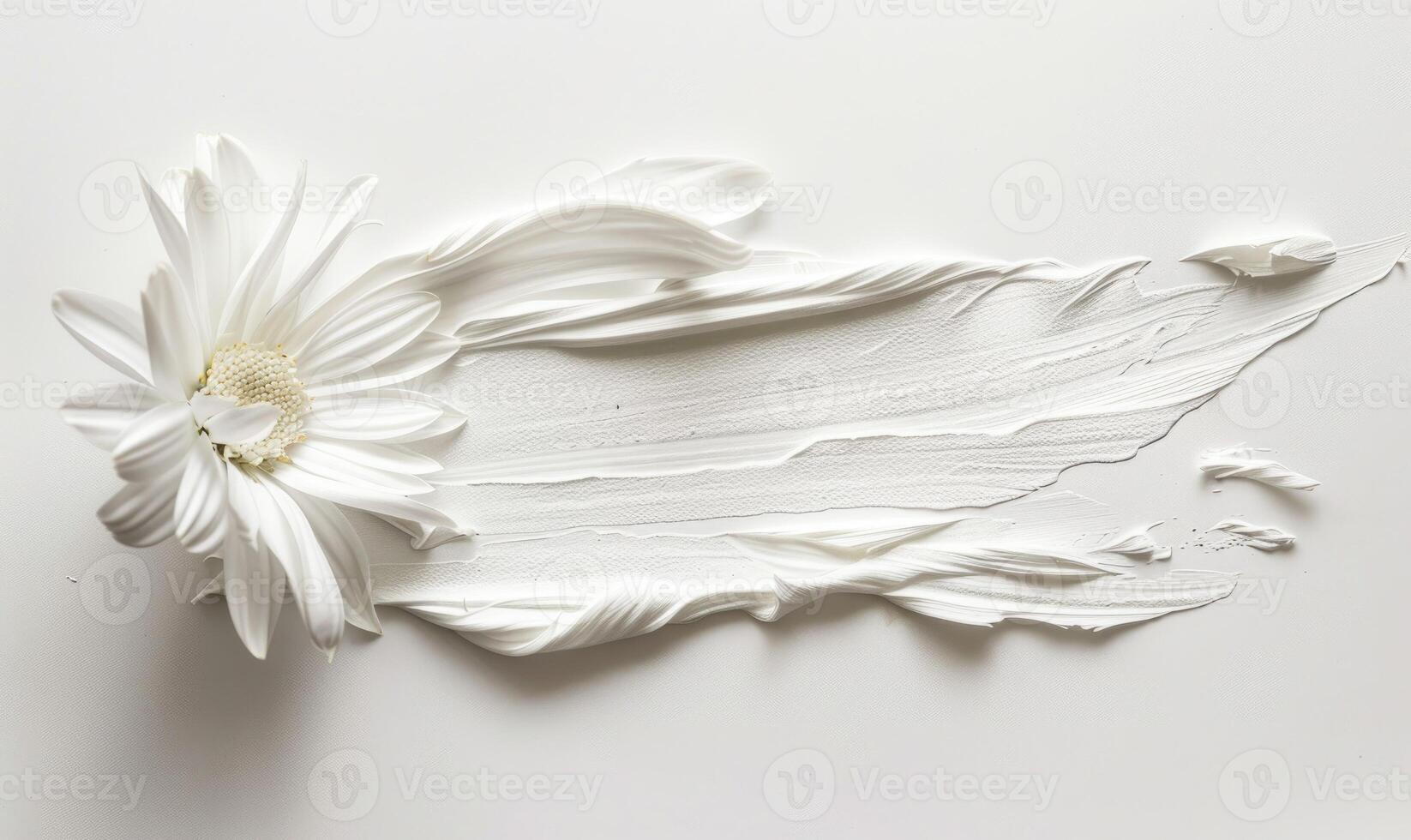 AI generated White paint brush stroke and white daisy flower on while background. photo