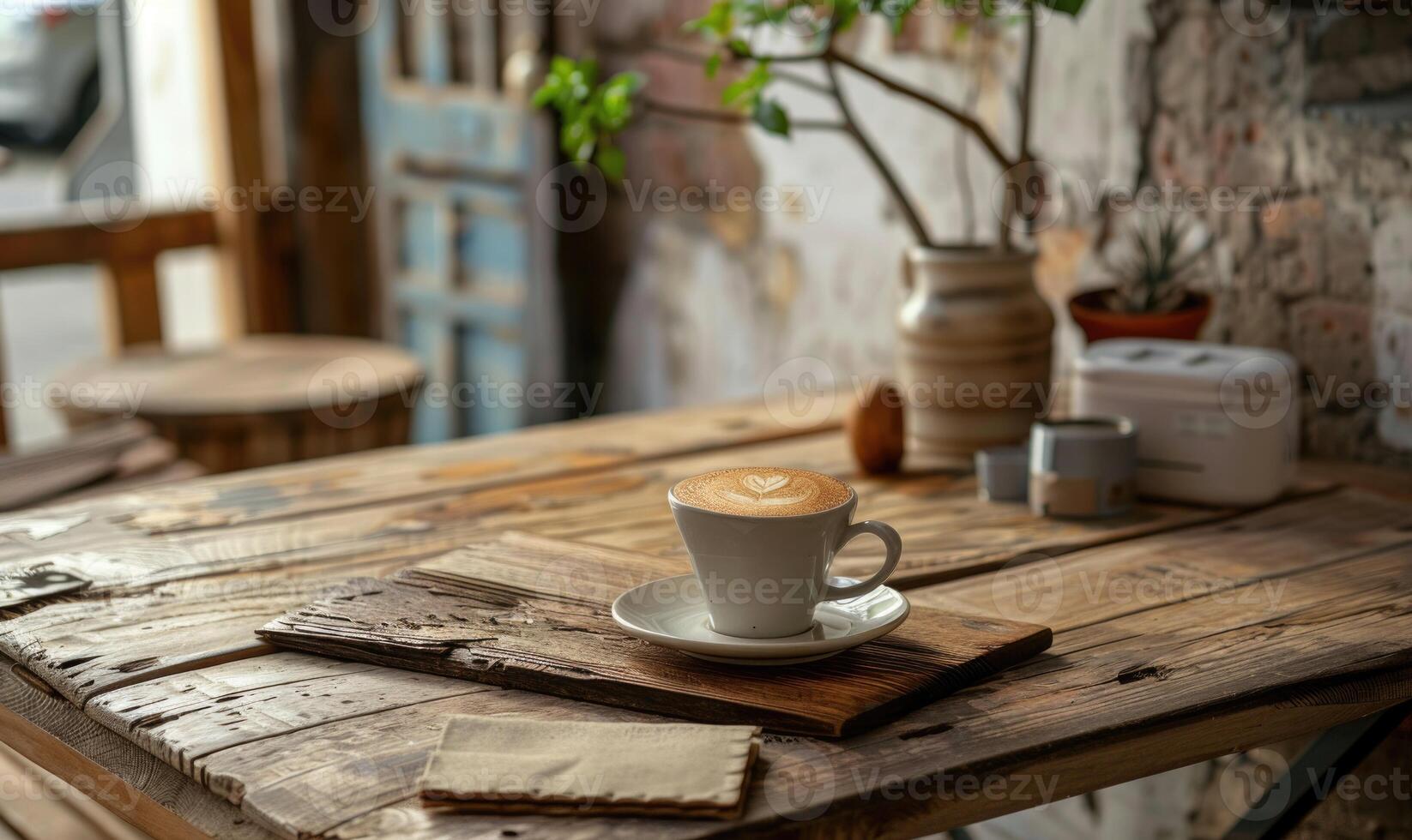 ai generado café taza en el de madera mesa en cafetería, valores foto