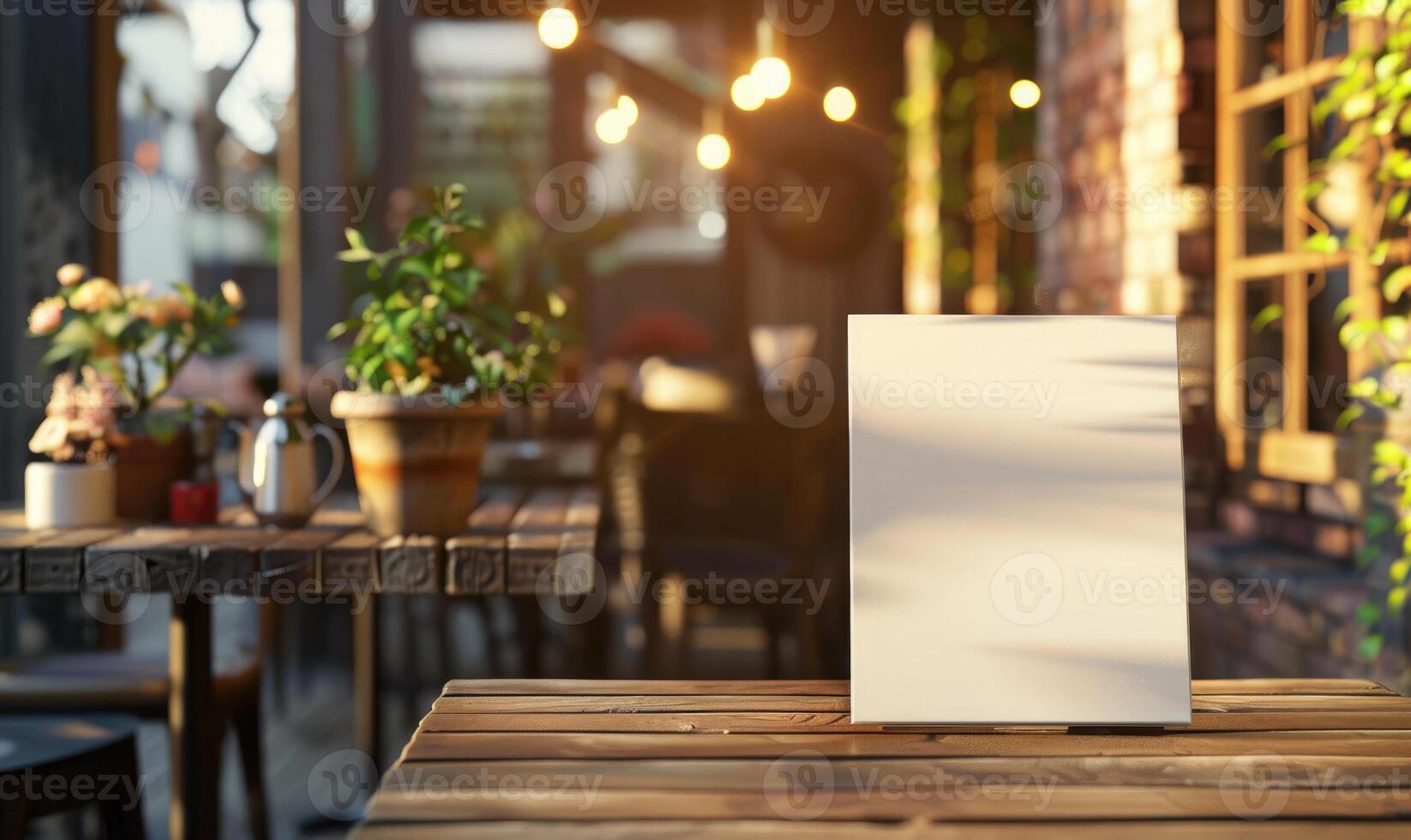 AI generated Empty wooden board on table in cafe, closeup. Space for text. Mock up for menu or design photo