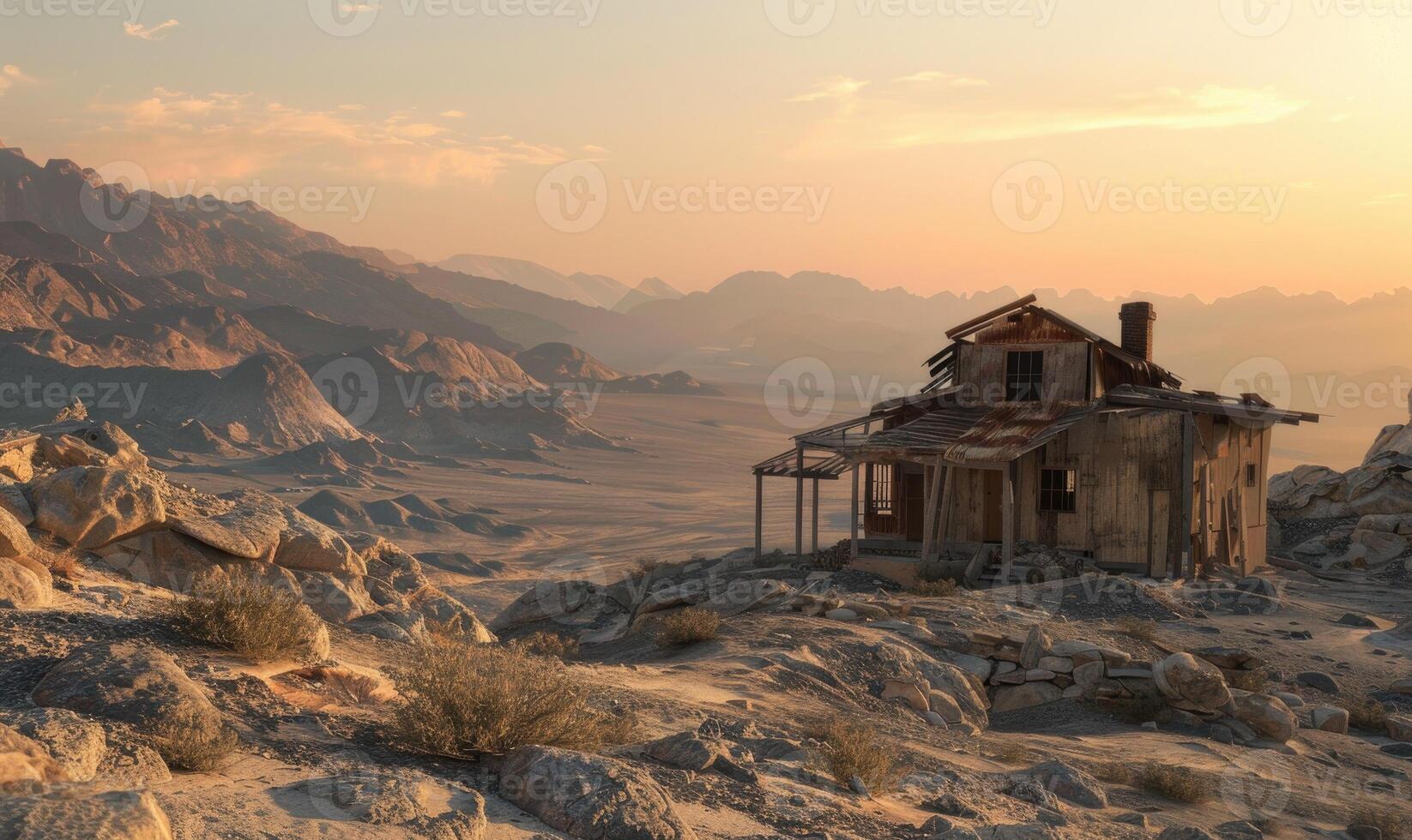 AI generated Abandoned house in the desert at sunset. photo