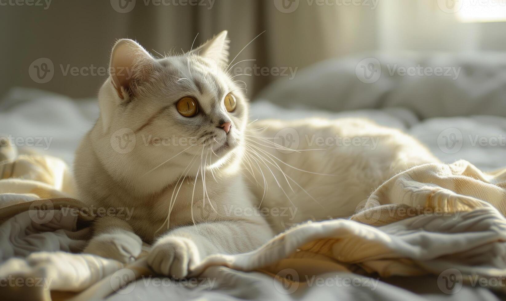 AI generated White cat with yellow eyes lying on the bed in the morning. photo