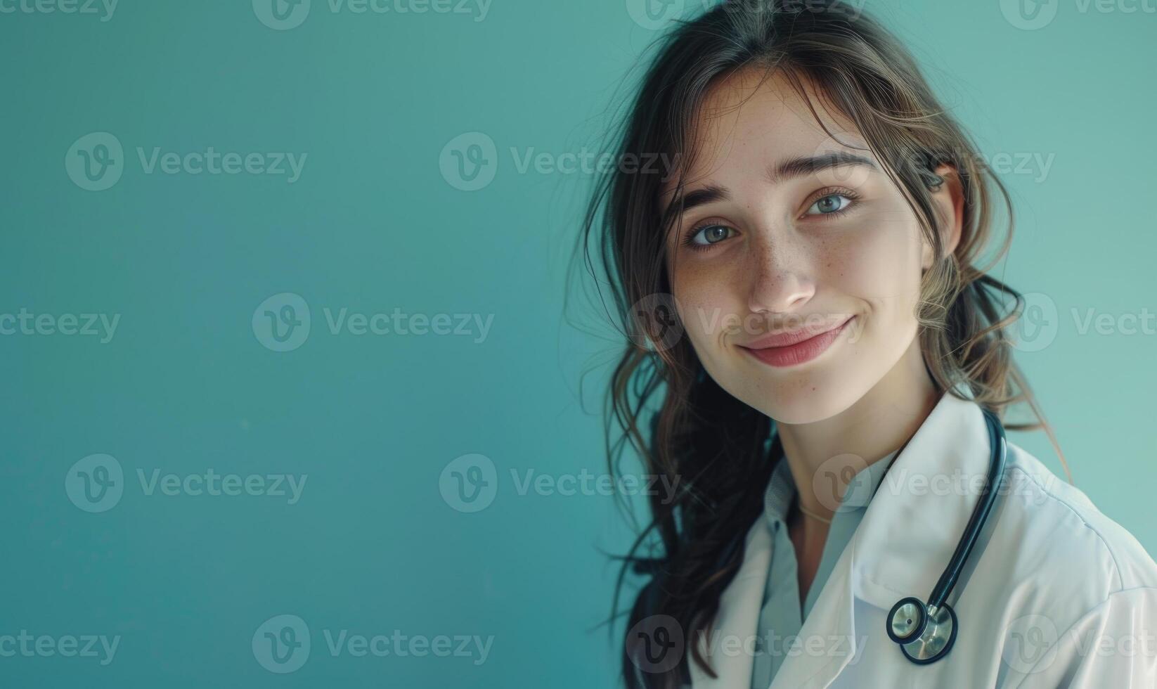 AI generated Portrait of a smiling female doctor with stethoscope on blue background photo