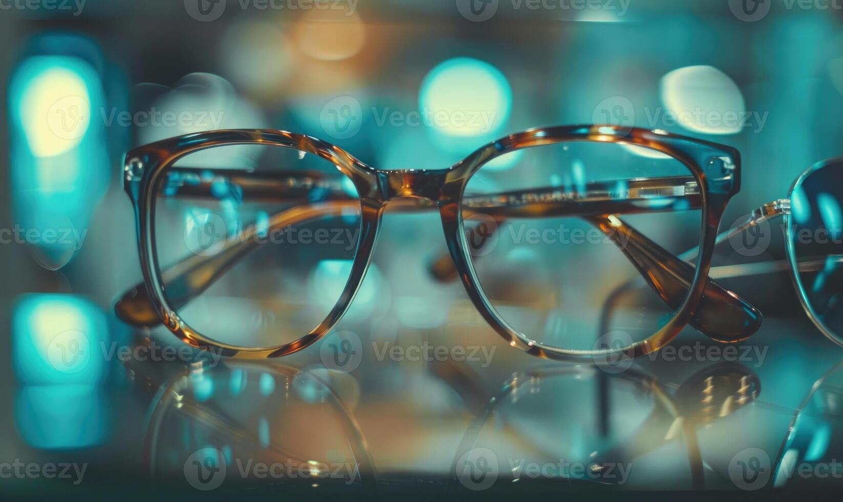 AI generated eyeglasses on the glass table with bokeh background. photo