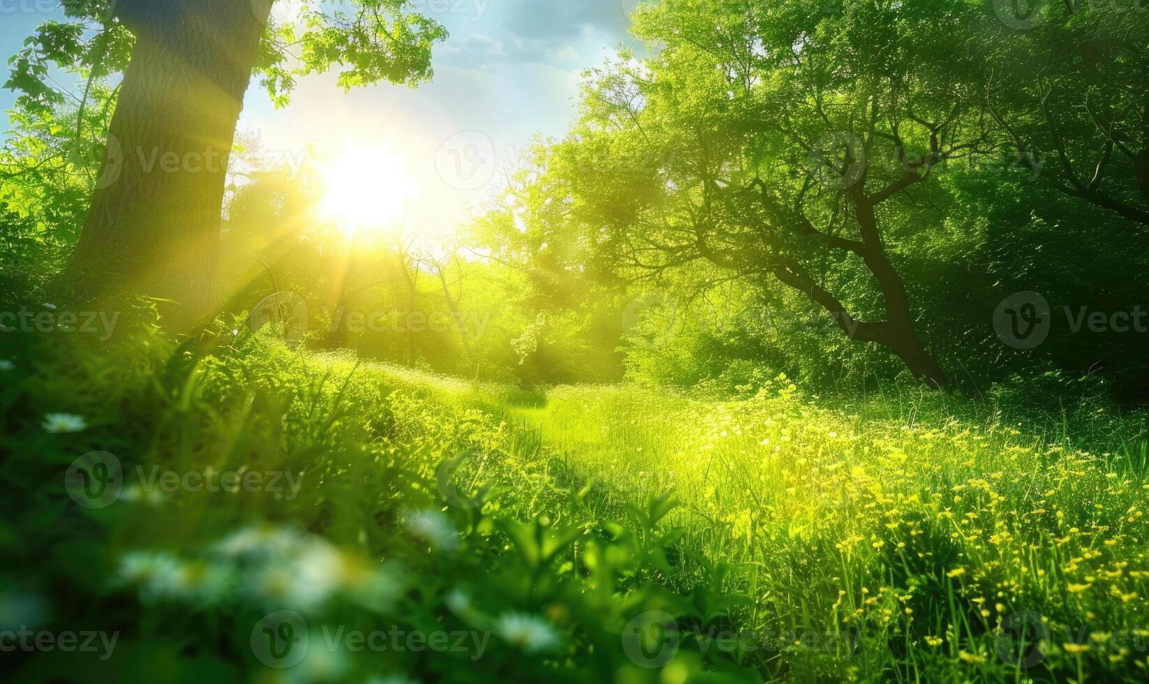AI generated Sunlit green meadow, spring meadow background photo