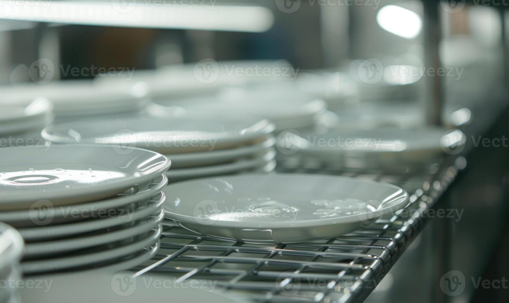 AI generated Close up of clean white plates in a row in a food factory photo
