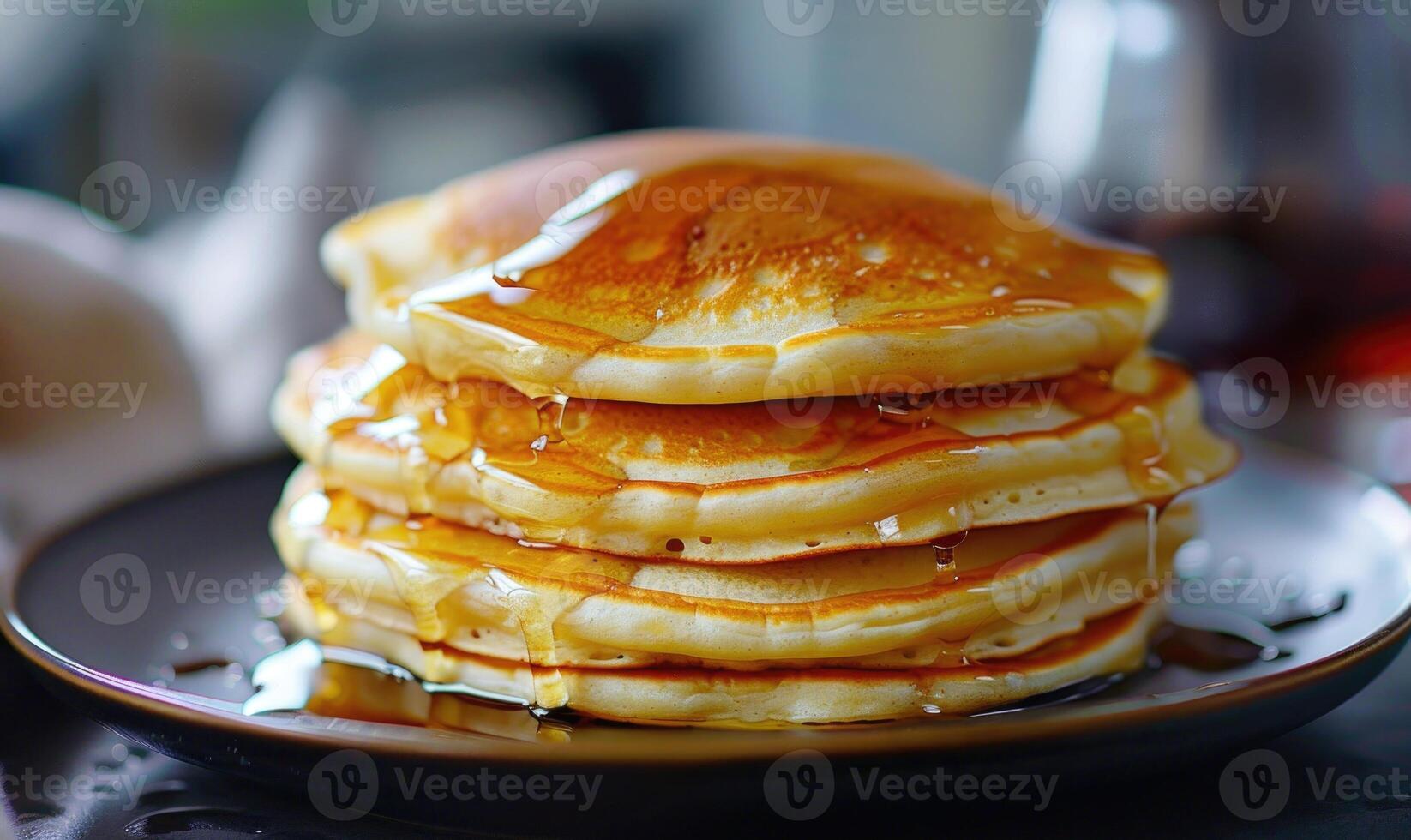AI generated Pancakes with honey in a frying pan, close-up photo
