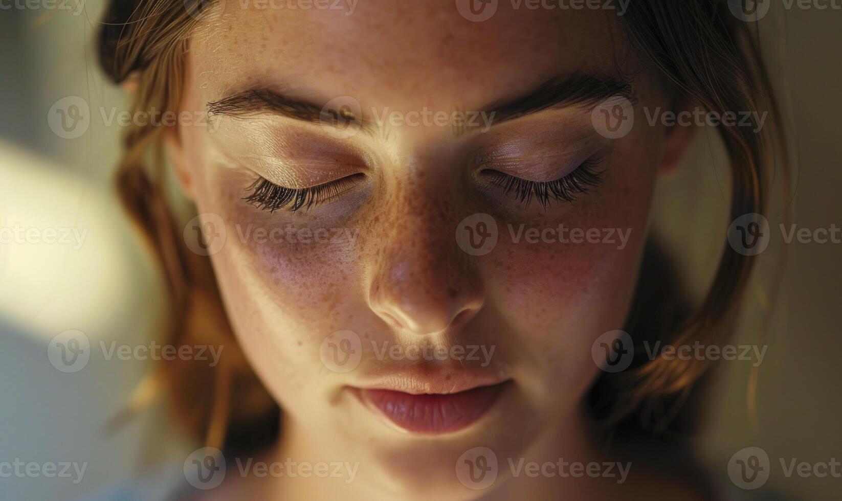 AI generated Close-up portrait of a girl with freckles on her face photo