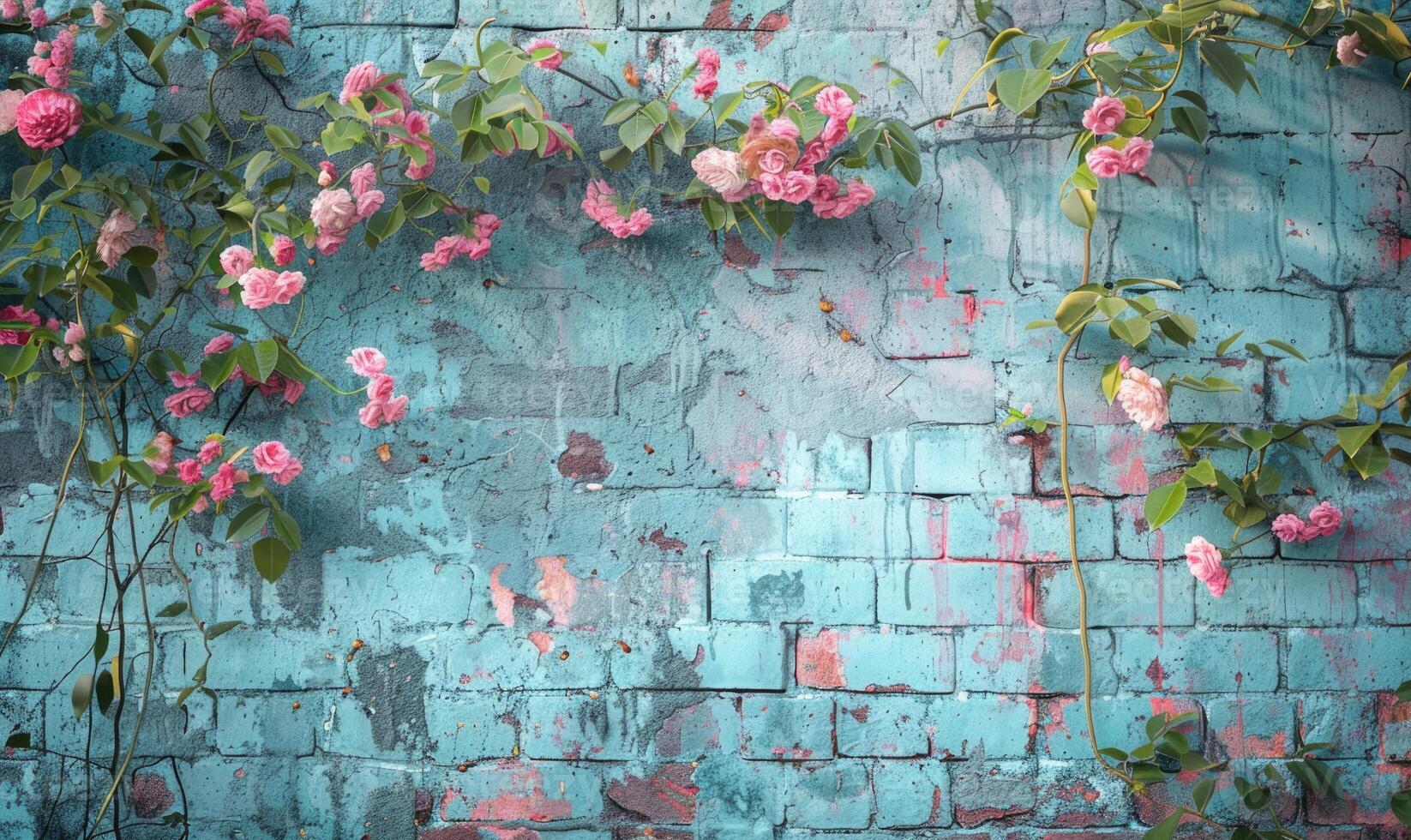 AI generated Pink roses on old blue brick wall, vintage style. photo