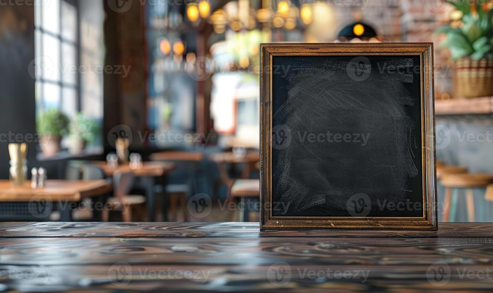 ai generado vacío de madera tablero en mesa en cafetería, de cerca. espacio para texto. burlarse de arriba para menú o diseño foto