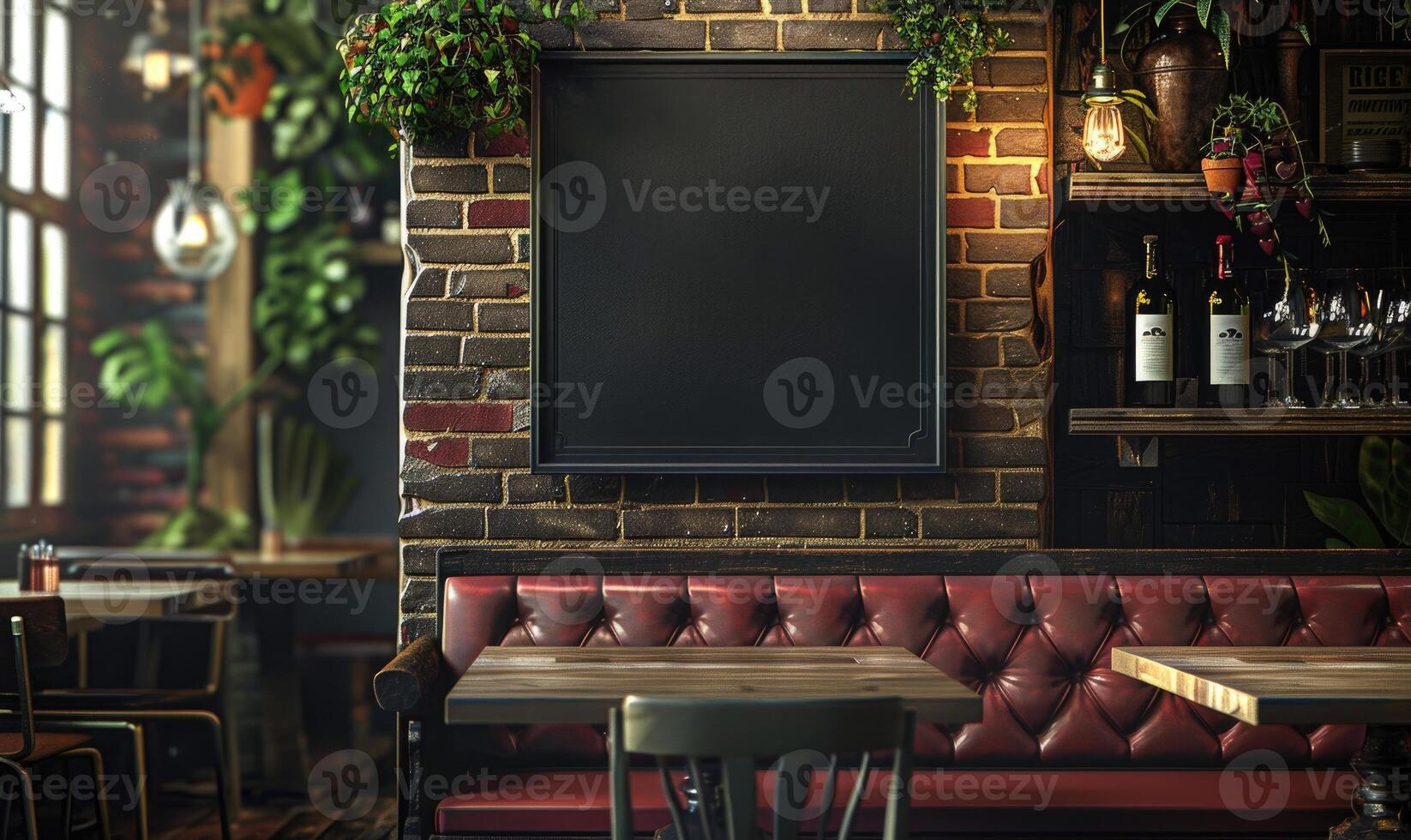 AI generated Empty black chalkboard on a wooden table in a pub or restaurant photo