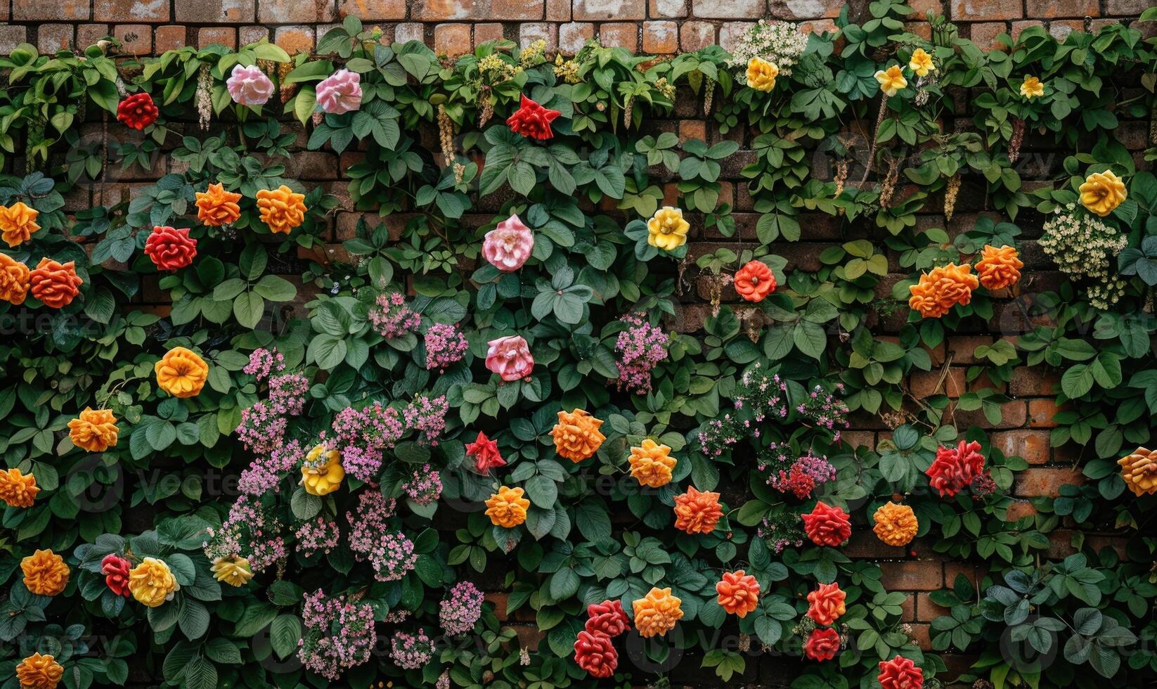 AI generated Colorful flowers in the garden with brick wall background, stock photo