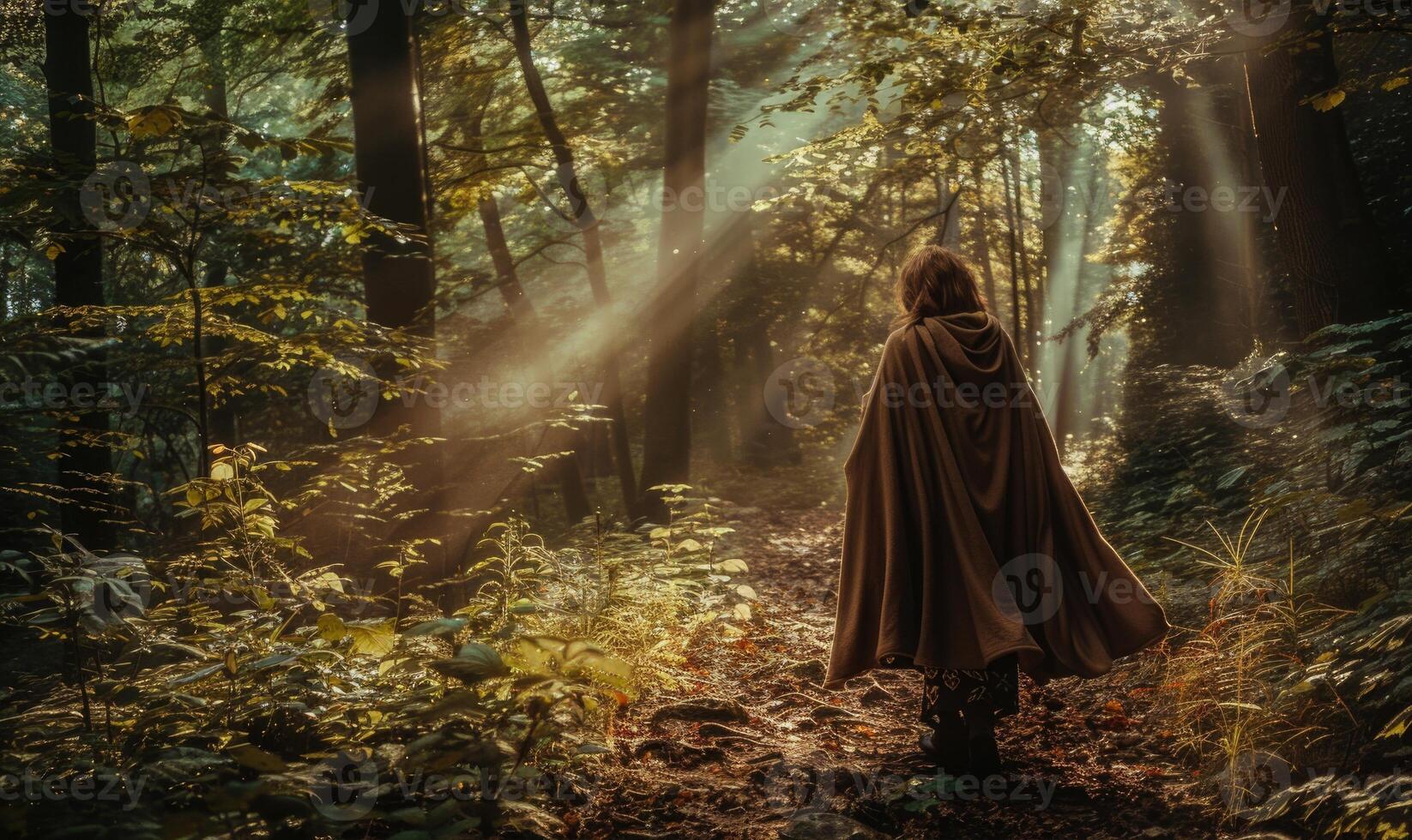 AI generated Mysterious woman in a dark forest with a hooded cloak photo