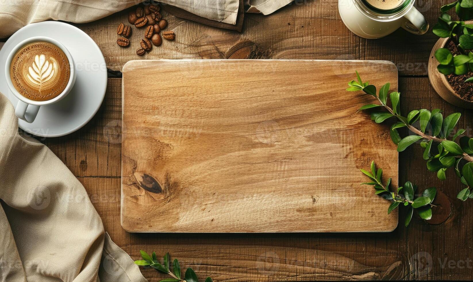 AI generated Wooden cutting board with cup of coffee on table, top view photo