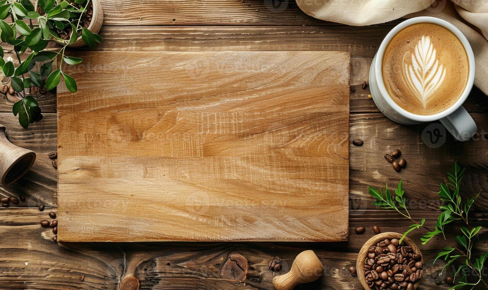 AI generated Wooden cutting board with cup of coffee on table, top view photo