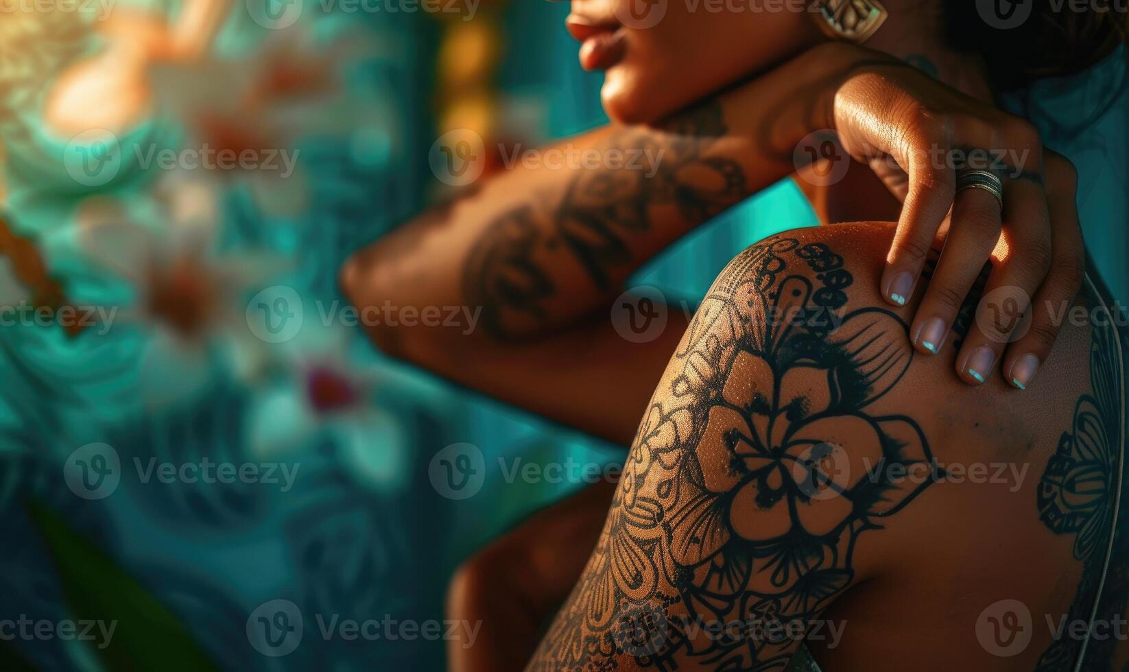 AI generated Close-up of a young woman with henna tattoo on her body photo