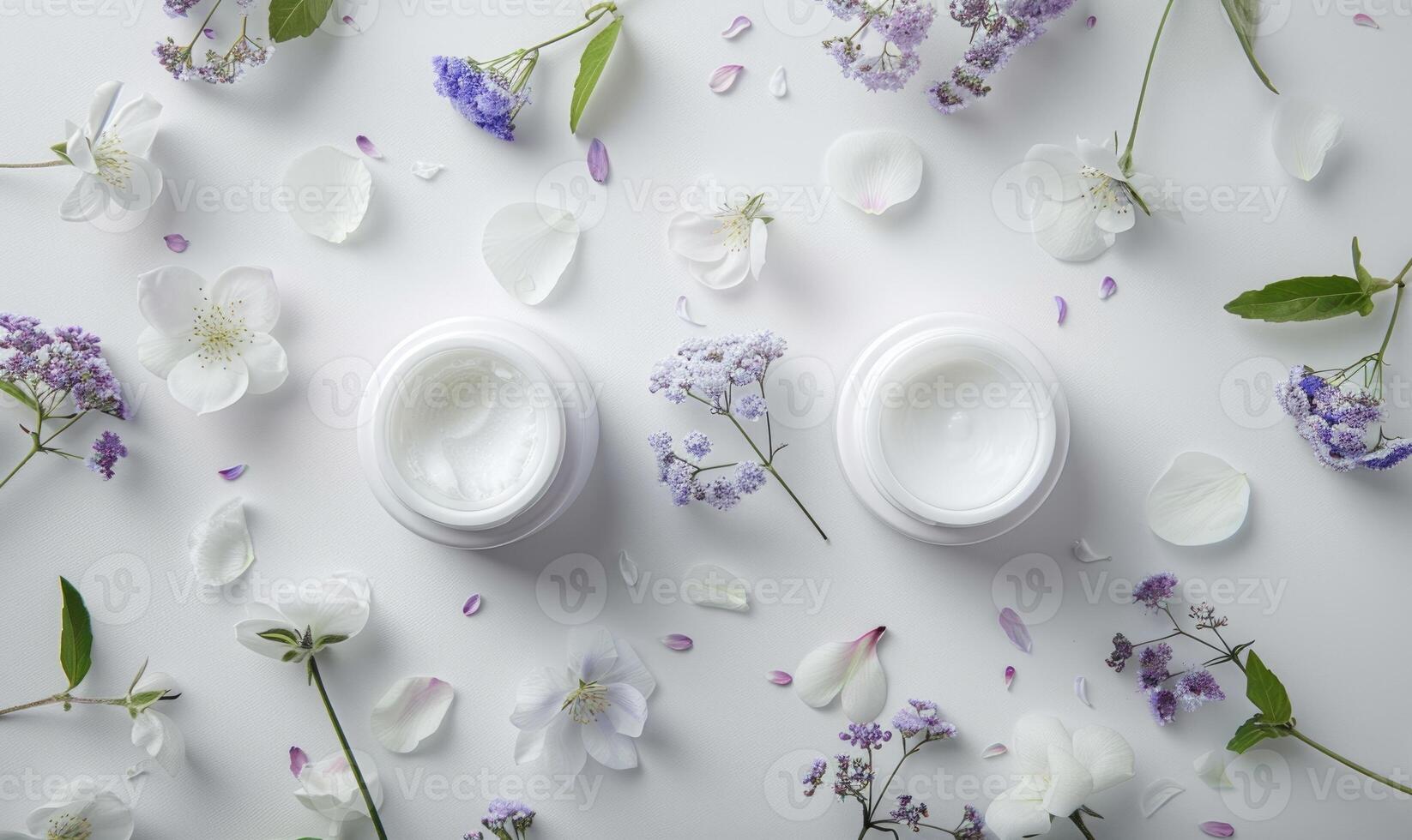 ai generado dos crema tarro blanco maquetas anidado en medio de delicado flor pétalos en un blanco antecedentes foto