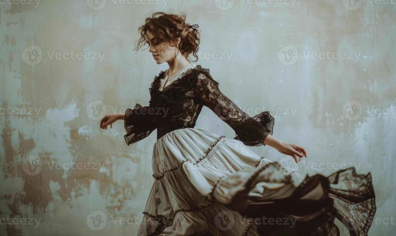 AI generated Vintage photo of a beautiful girl in a white dress on a gray background