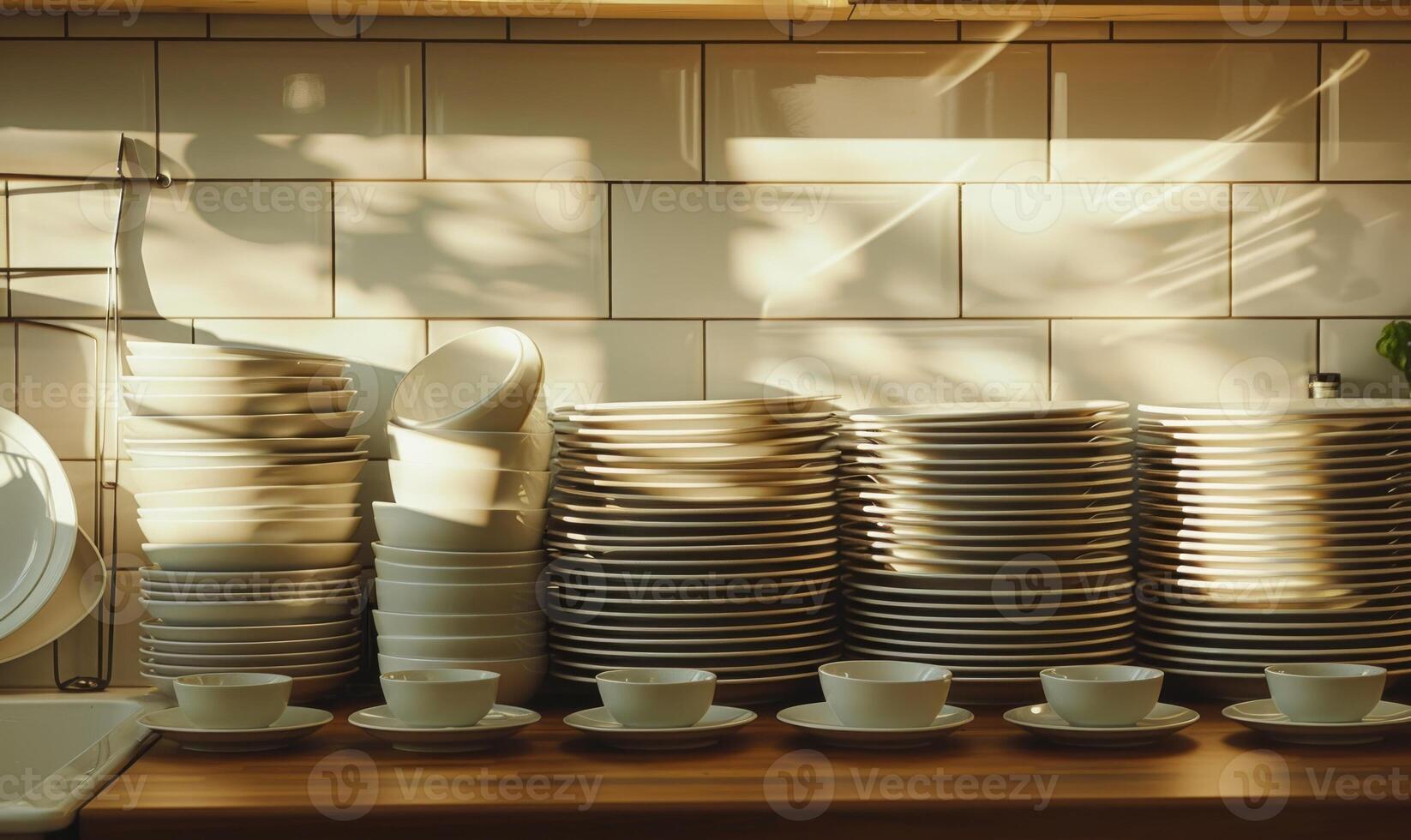 AI generated Close-up of stack of clean white dishes in modern kitchen. photo