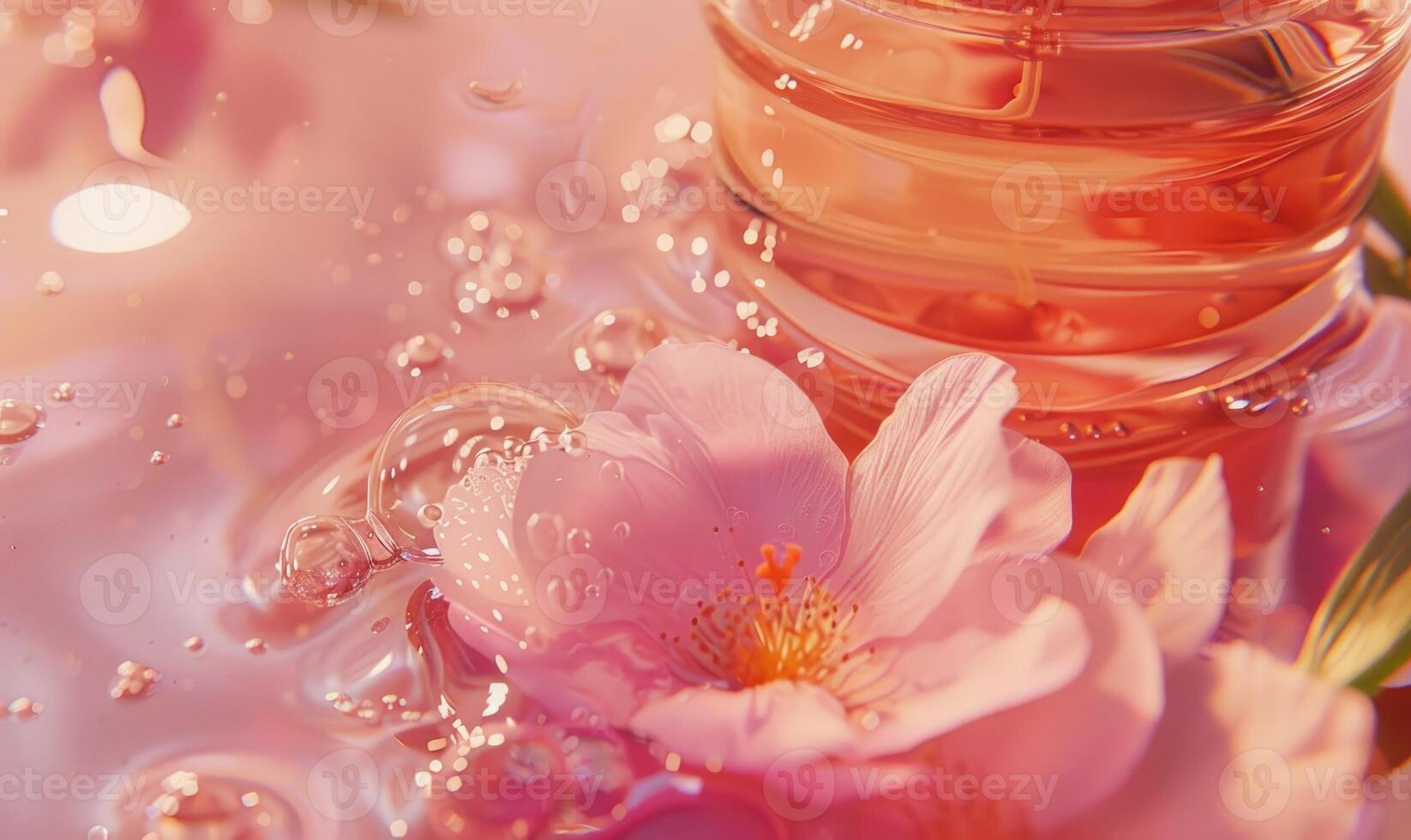 AI generated Cherry blossoms and natural cosmetic in glass jar on water surface photo