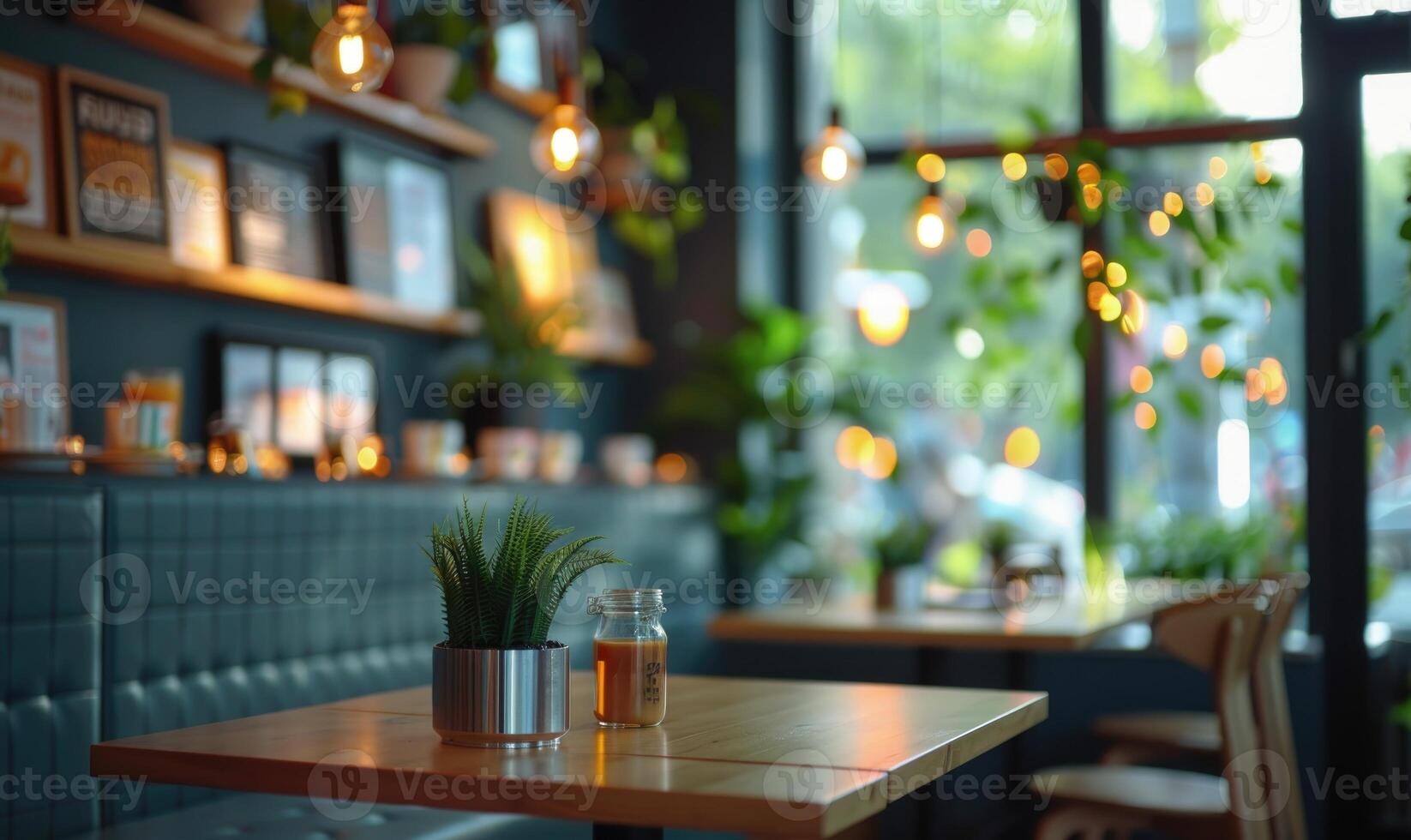 AI generated Interior of cafe with wooden table and blurred lights, space for text photo