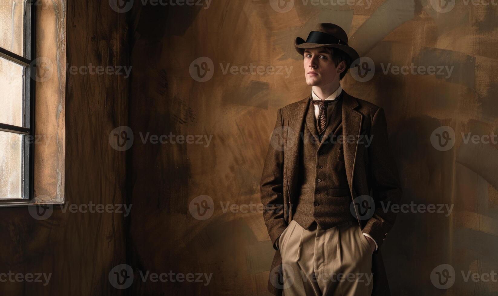 AI generated Retro 1920s fashion portrait of a man wearing a hat and coat. photo