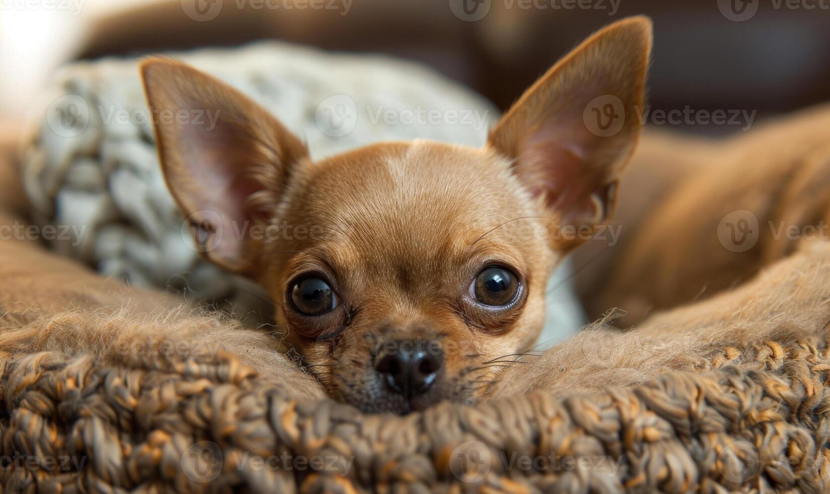 AI generated Small Chihuahua puppy peeking out from a cozy dog bed photo