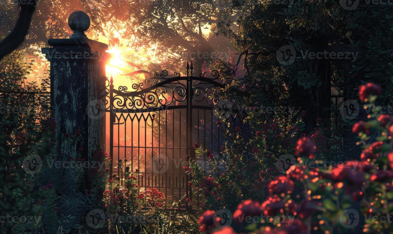 AI generated Beautiful arch in the garden at sunset time. photo