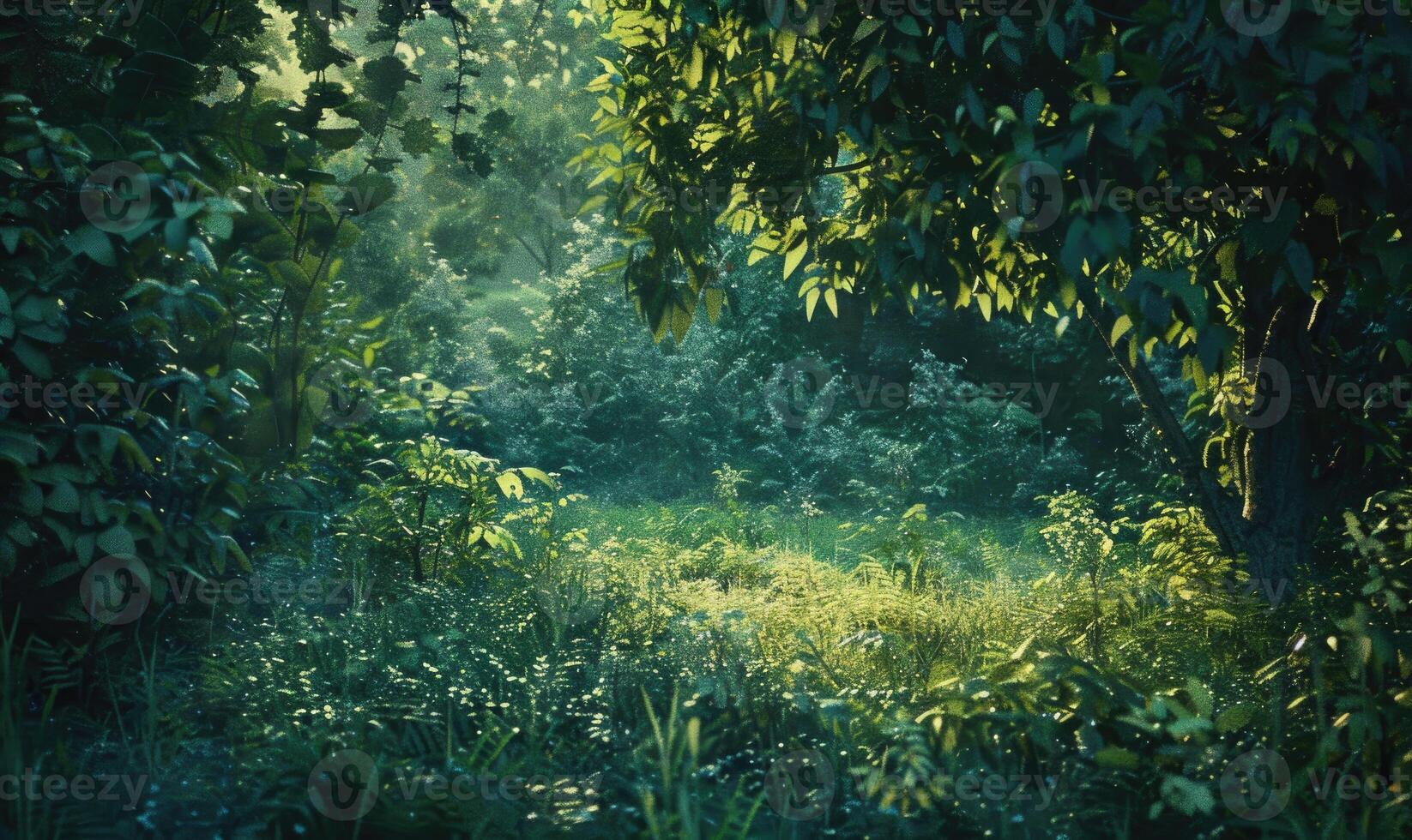 AI generated Sunlight in the green forest. Natural background. Toned. photo