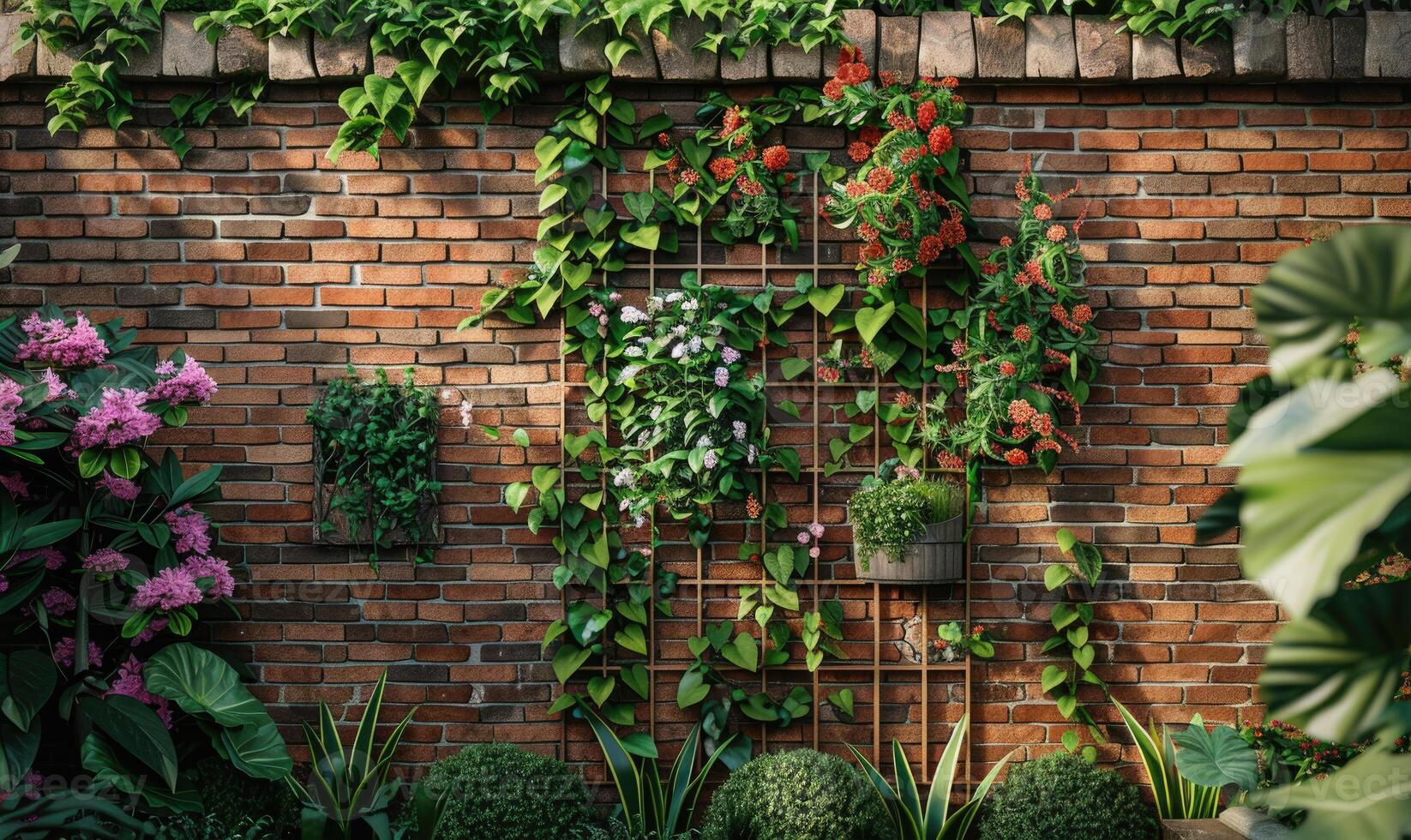 AI generated Beautiful orange roses in the garden on brick wall background with copy space photo