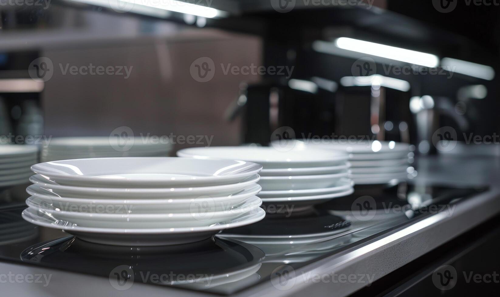 AI generated Close up of clean white plates in a row in a food factory photo