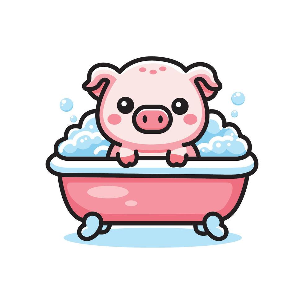 cute vector design illustration of a pig bathing